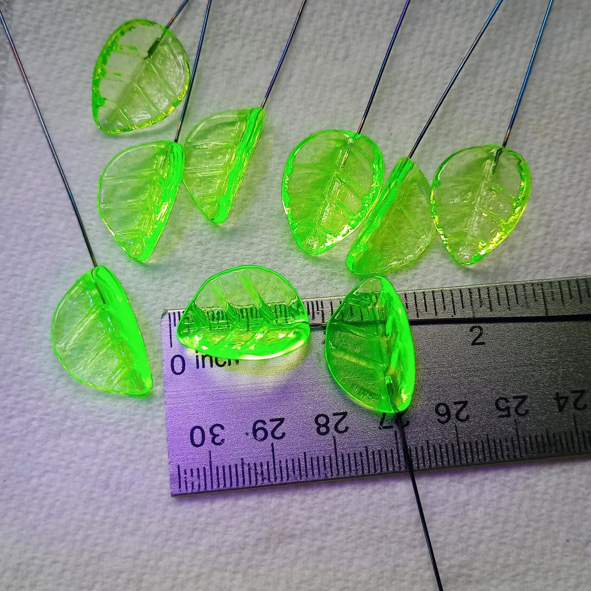 Uranium Leaf Bent - Glass Leaf Headpins, glass bent leaf shape on wire; handcrafted lampwork for flower bouquet, jewelry, mixed media, curio