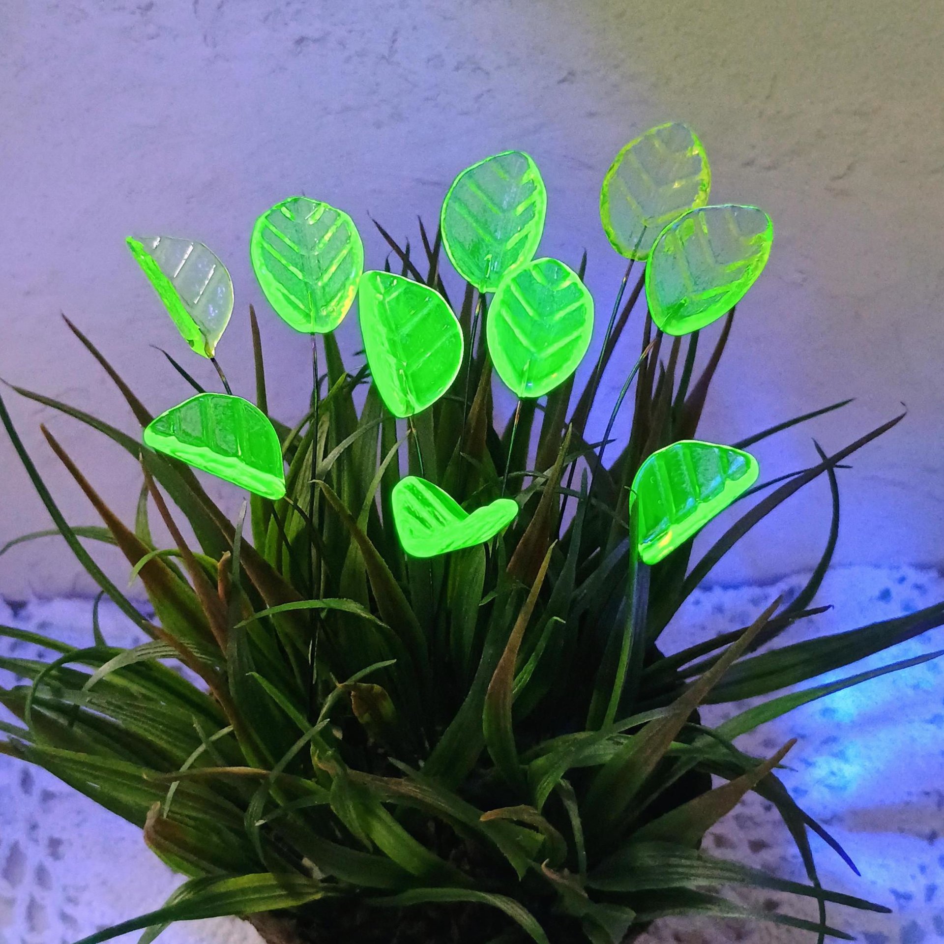 Uranium Leaf Bent - Glass Leaf Headpins, glass bent leaf shape on wire; handcrafted lampwork for flower bouquet, jewelry, mixed media, curio