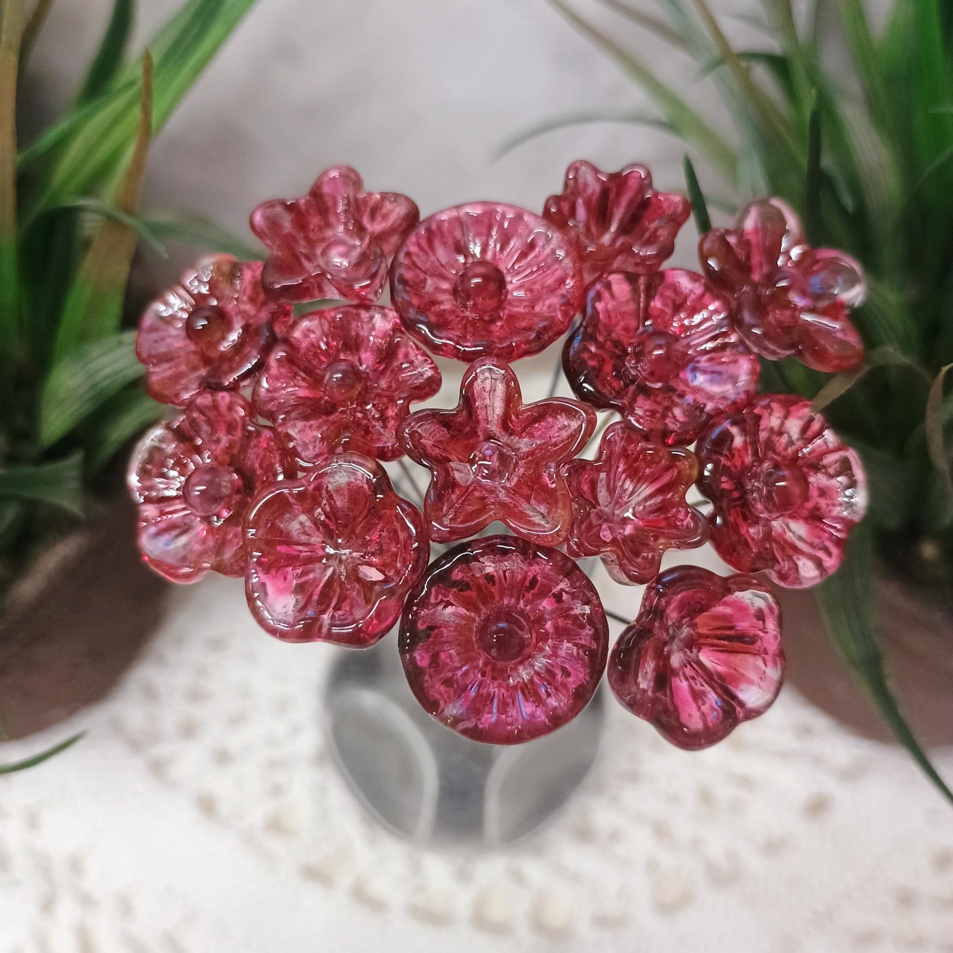 Variegated Cranberry glass flower on wire headpins; tiny small mini glass flowers  handmade lampwork, jewelry, bouquets, gifts, mixed media