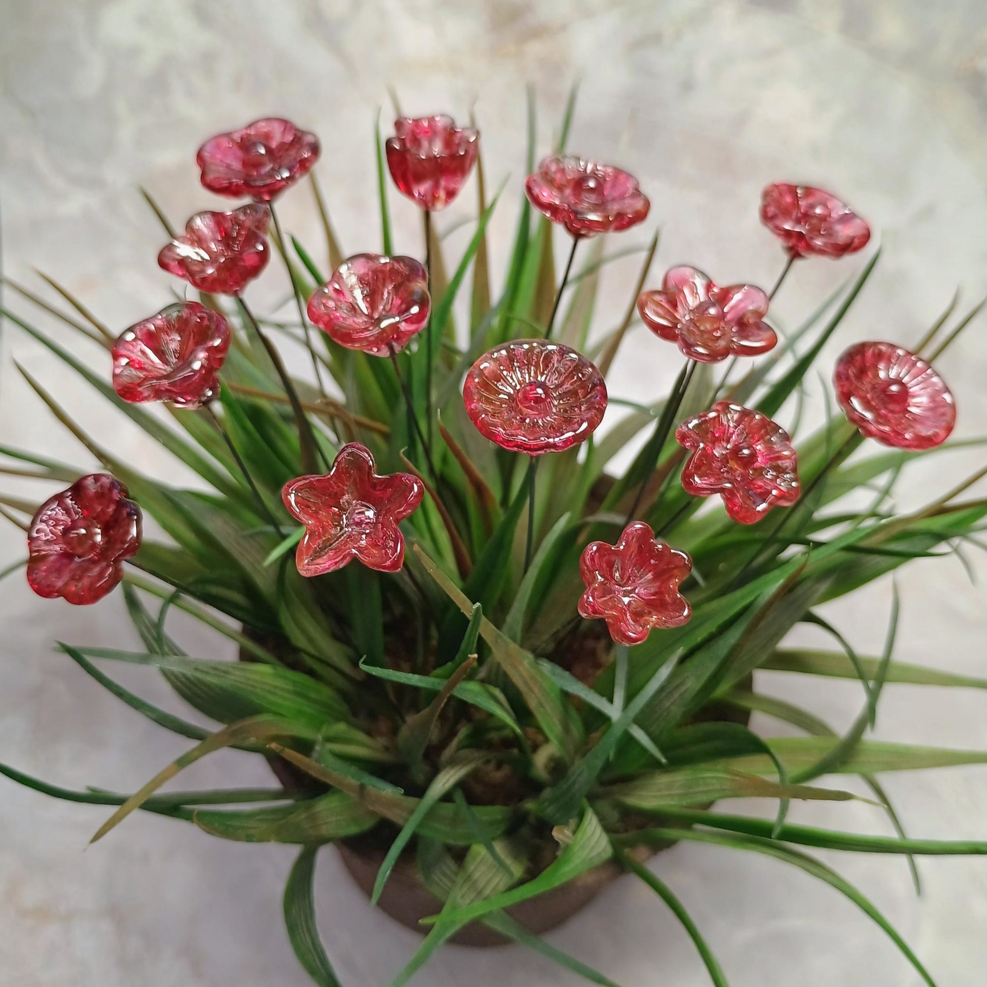 Variegated Cranberry glass flower on wire headpins; tiny small mini glass flowers  handmade lampwork, jewelry, bouquets, gifts, mixed media