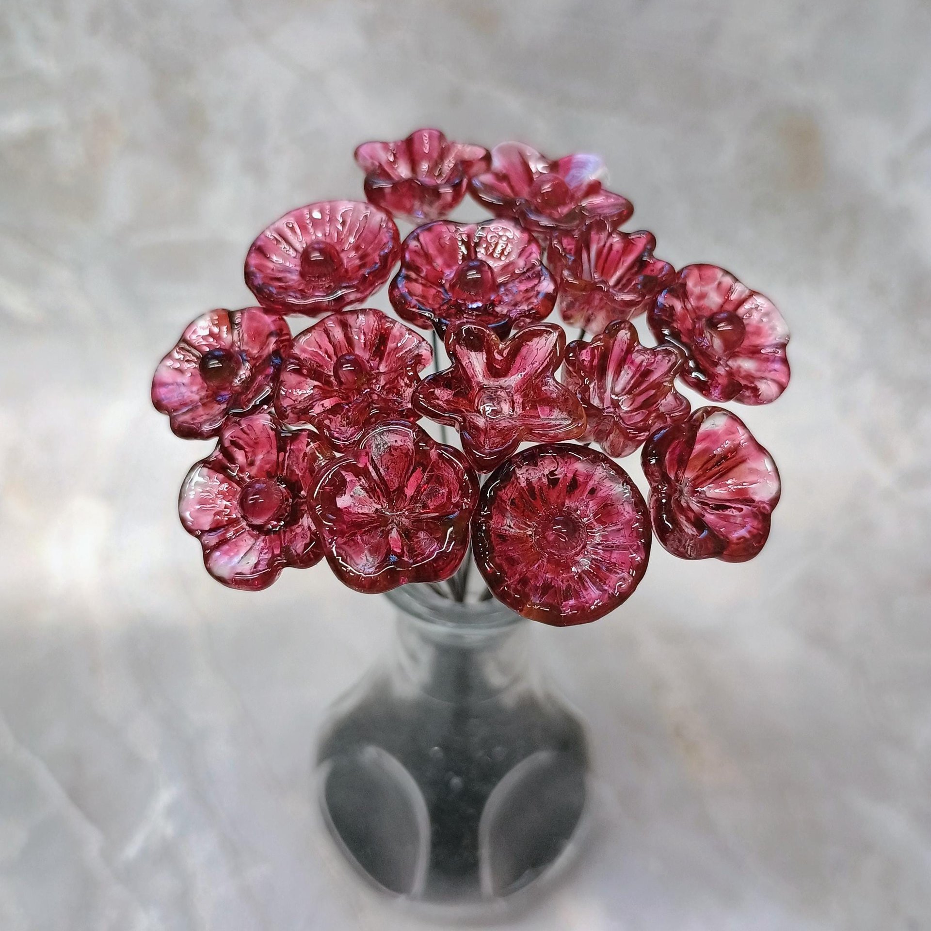 Variegated Cranberry glass flower on wire headpins; tiny small mini glass flowers  handmade lampwork, jewelry, bouquets, gifts, mixed media