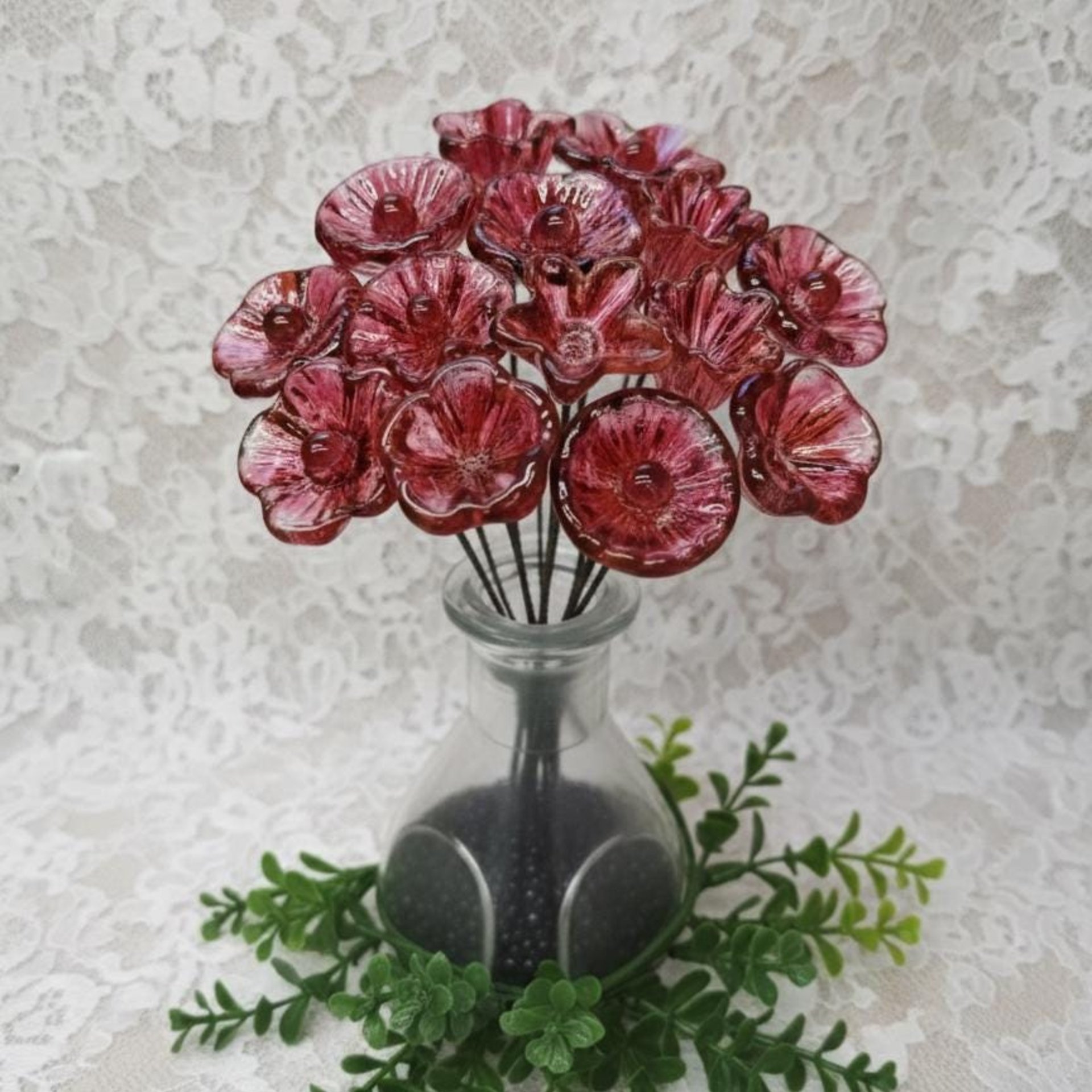 Variegated Cranberry glass flower on wire headpins; tiny small mini glass flowers  handmade lampwork, jewelry, bouquets, gifts, mixed media