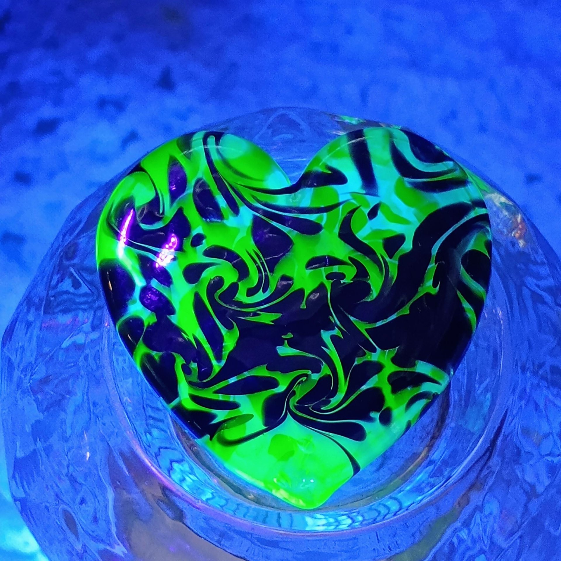 Uranium Vaseline Glass Heart Black Swirl;  Large Heart 1.25" (30mm)  glass with black swirls; plant pick gift pocket heart, curio, wirewrap