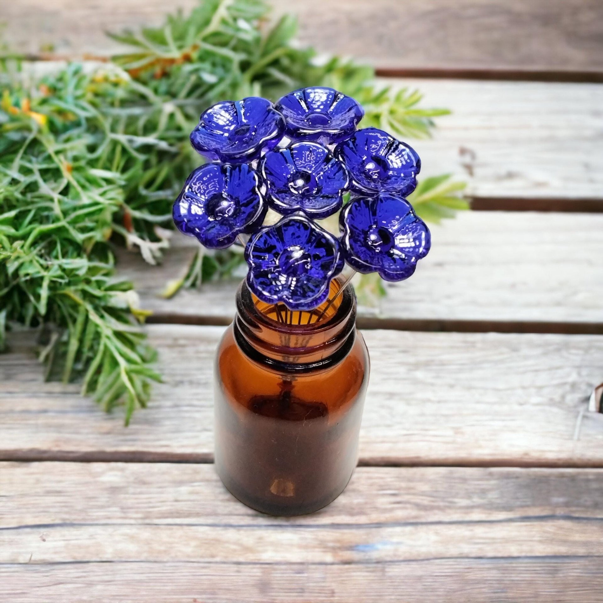 Cobalt blue glass (healing) flower headpins; tiny small mini glass flowers; handcrafted lampwork; jewelry, mixed media, little bouquet gift