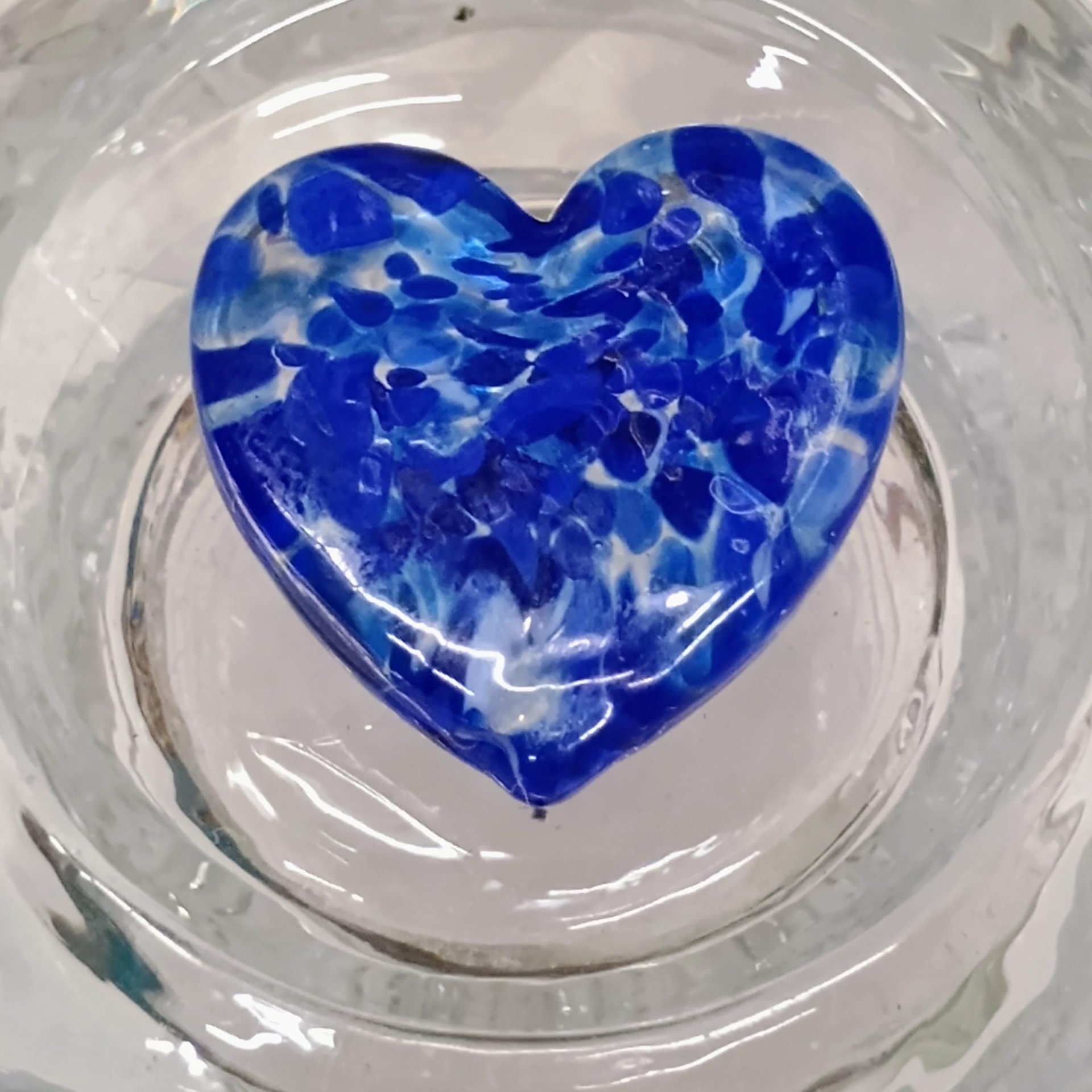 Glass Heart Plant Pick, Dark Blue Mix on clear 5in wire. Use for floral bouquet, wedding, cake decor, plants, jewelry, gifts; handmade 3/4in