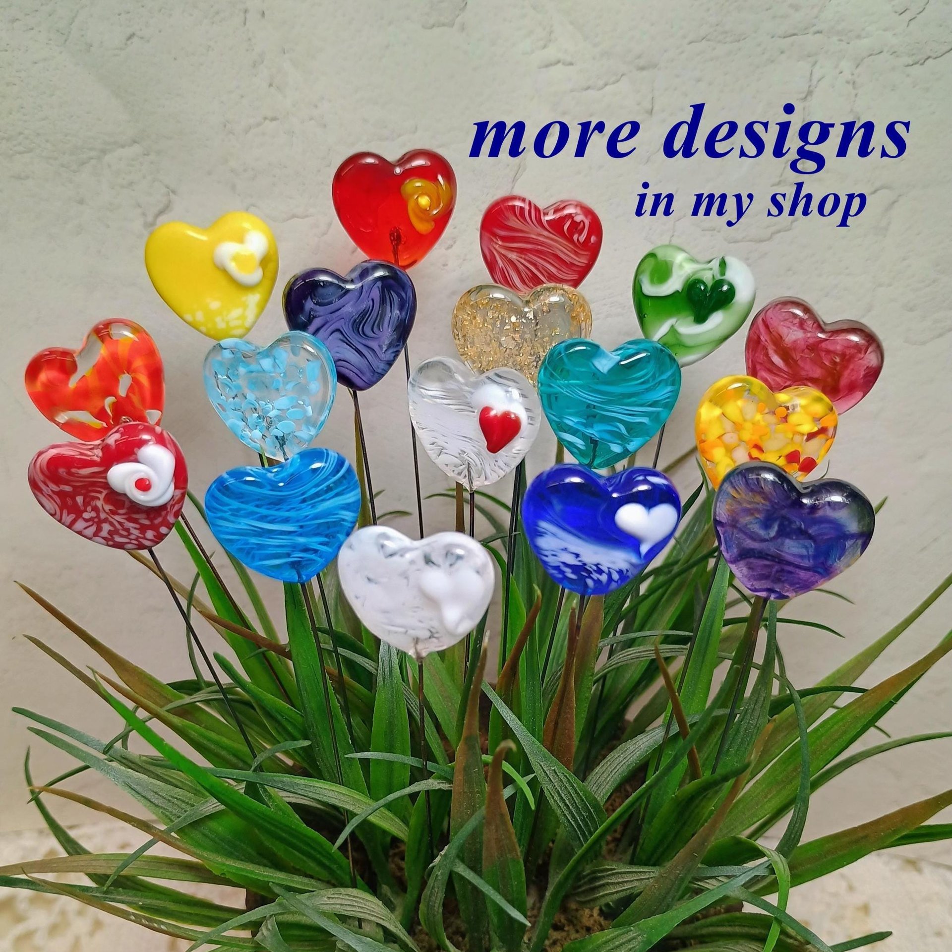 Custom Made Glass Heart Plant Pick for small floral bouquet, 3/4"x5in wire; handcraft lampwork, jewelry, gift, curio, windowsill, small vase