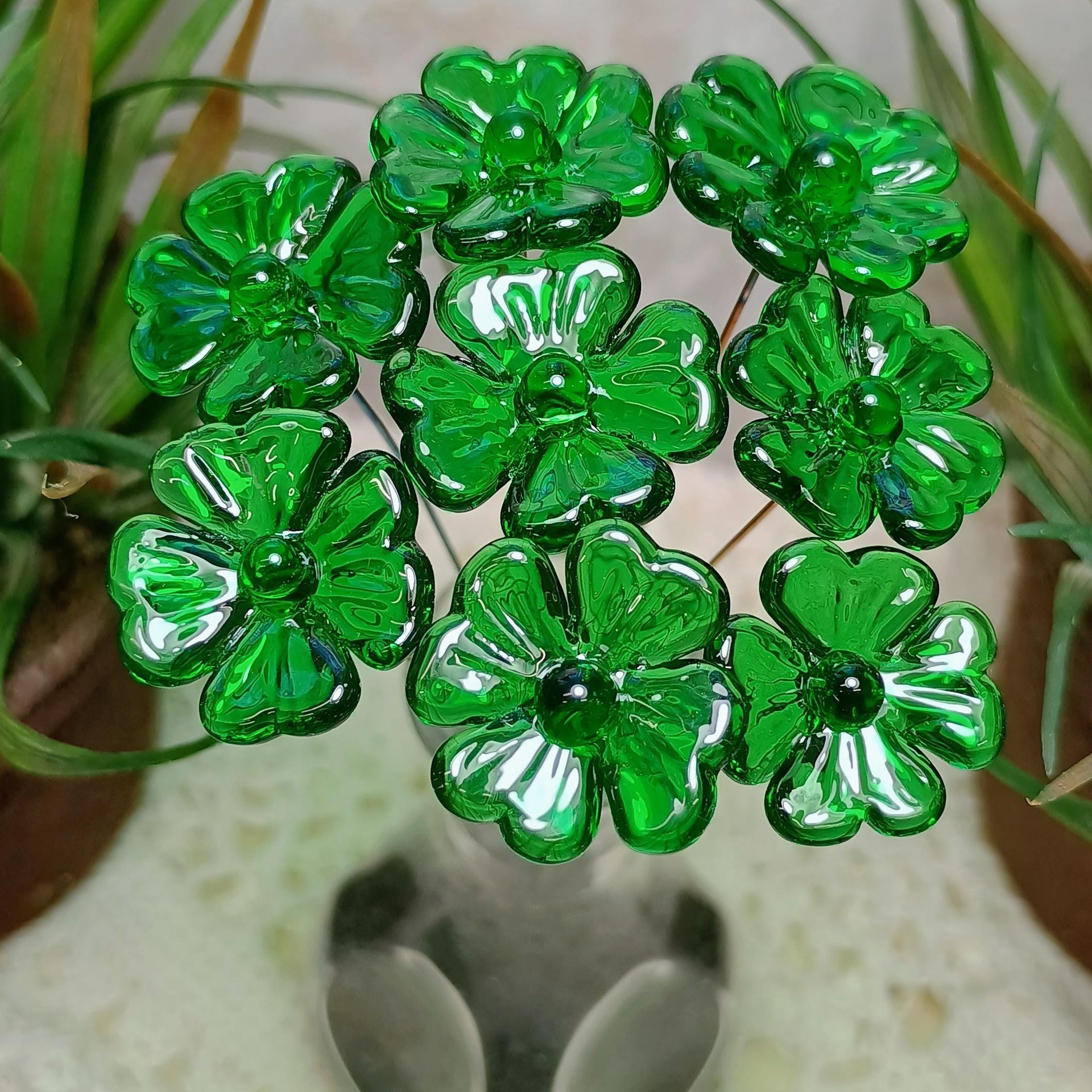 Glass 4 leaf Clover Shamrock, Luck of the Irish, kelly green handblown lampwork plant pick on 5in wire. bouquet, Irish gift, approx 3/4inch