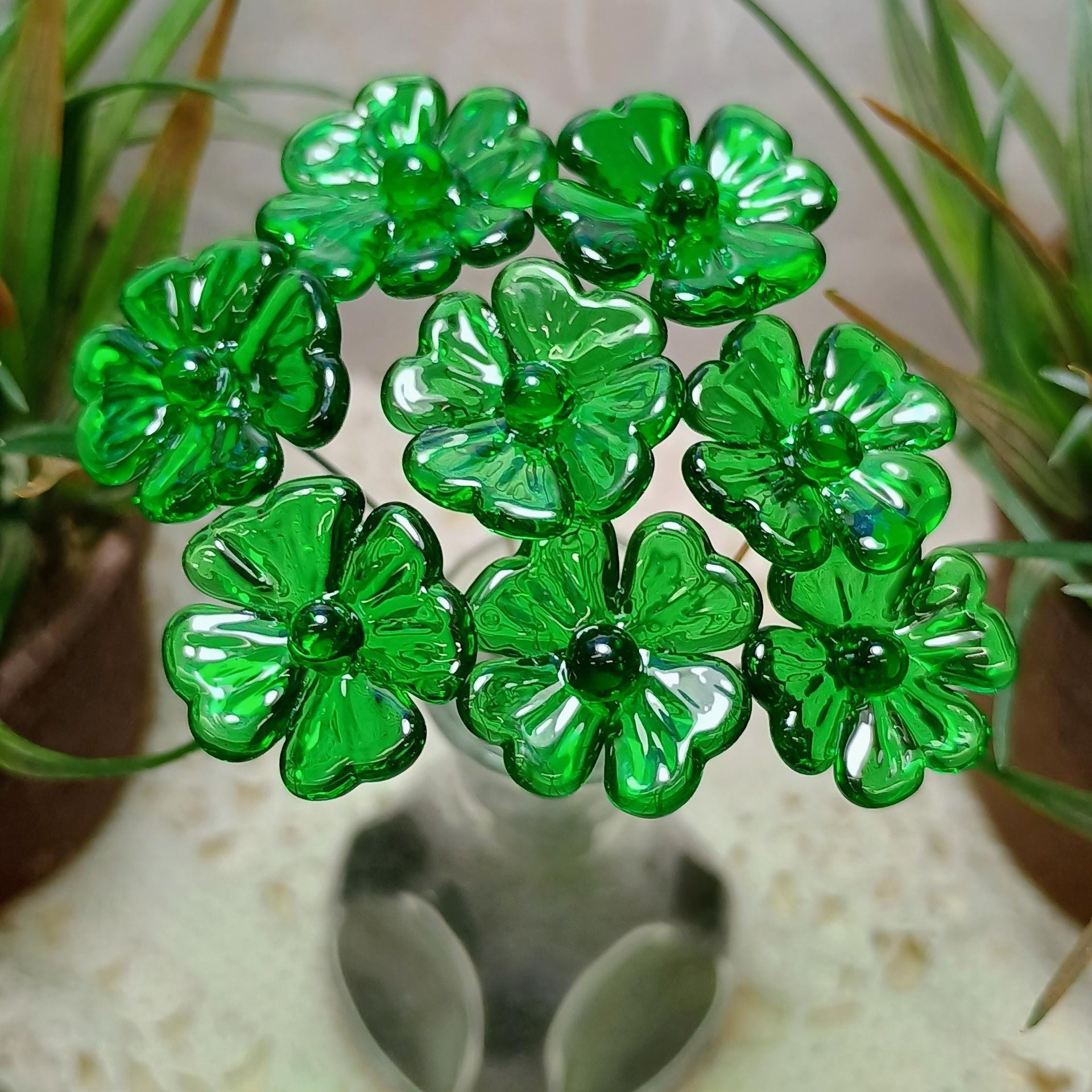 Glass 4 leaf Clover Shamrock, Luck of the Irish, kelly green handblown lampwork plant pick on 5in wire. bouquet, Irish gift, approx 3/4inch