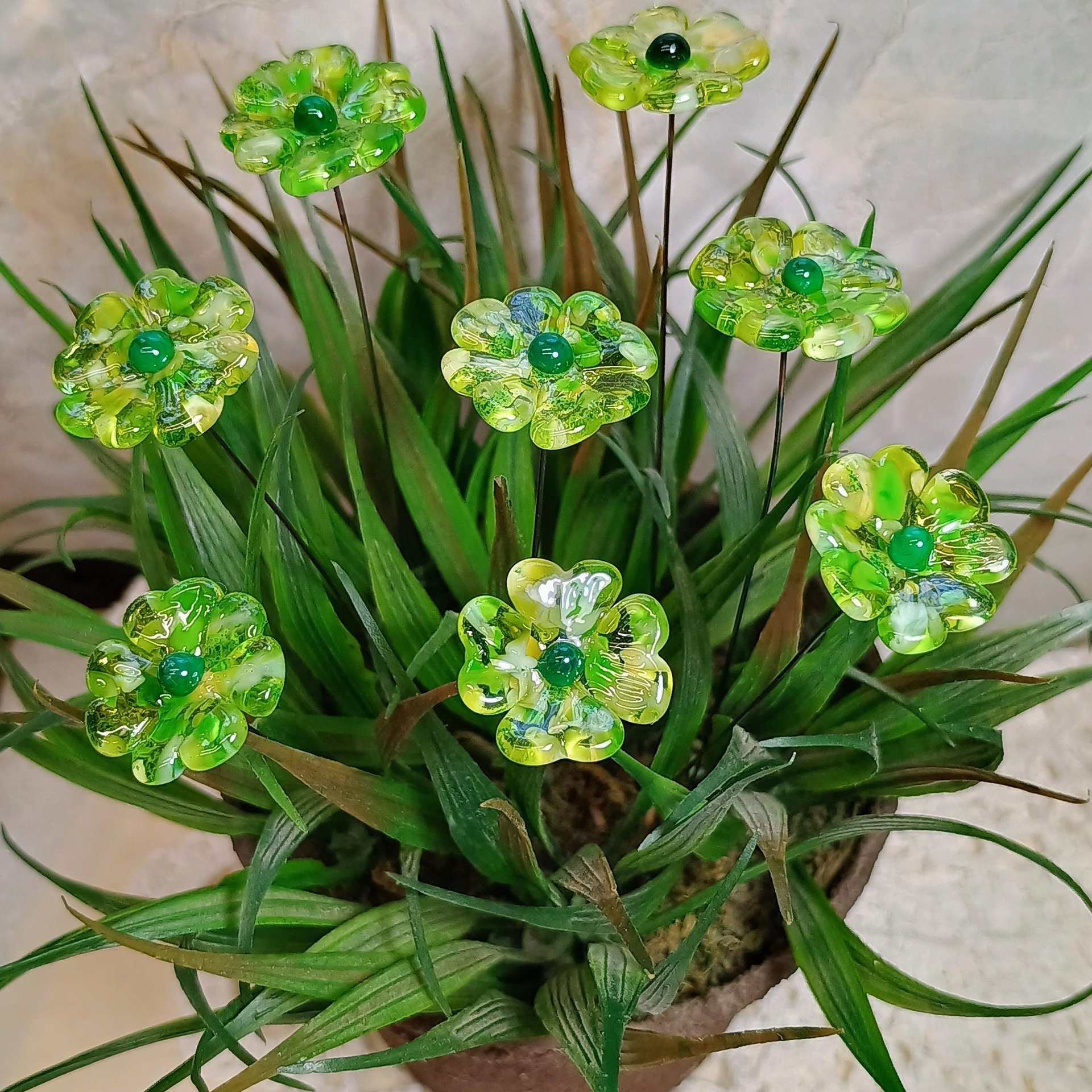 Uranium Glass 4 leaf Clover Shamrock, Luck of the Irish, mixed green handmade lampwork plant pick on 5in wire. Bouquet, Irish gift, 395nm