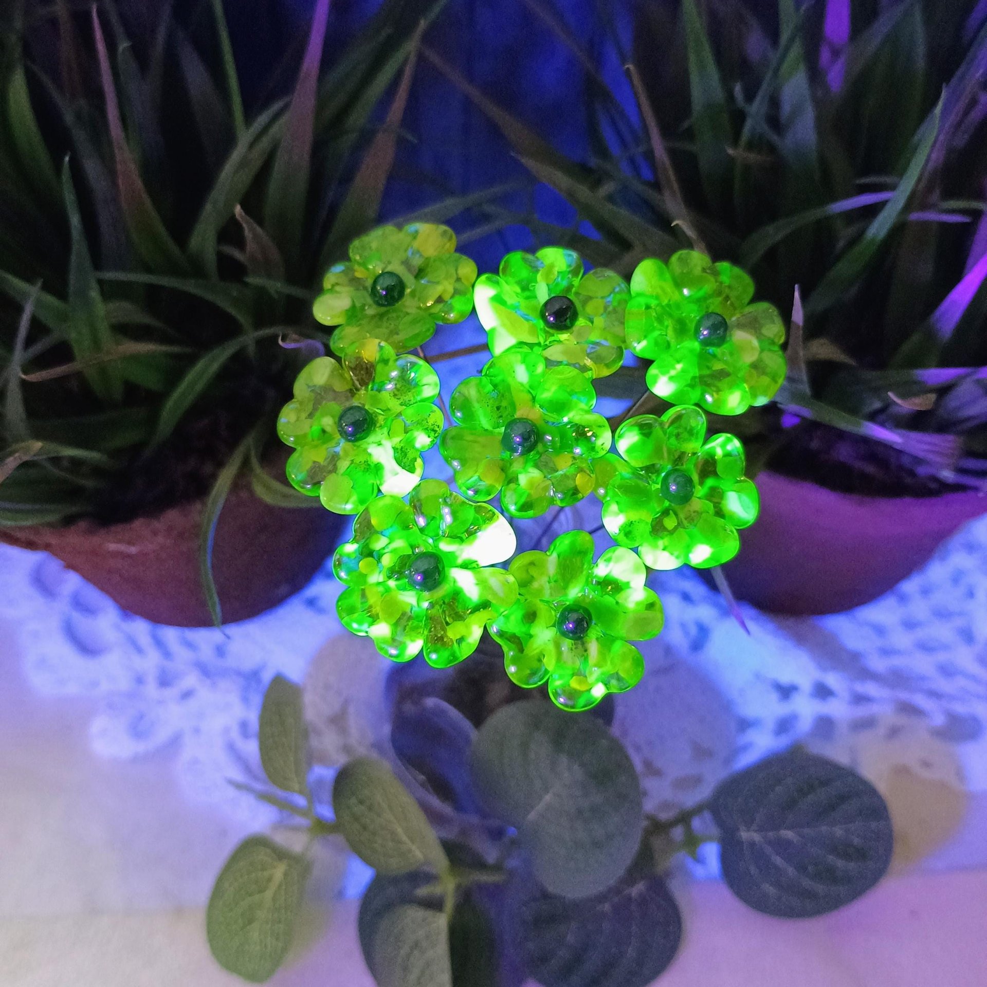 Uranium Glass 4 leaf Clover Shamrock, Luck of the Irish, mixed green handmade lampwork plant pick on 5in wire. Bouquet, Irish gift, 395nm