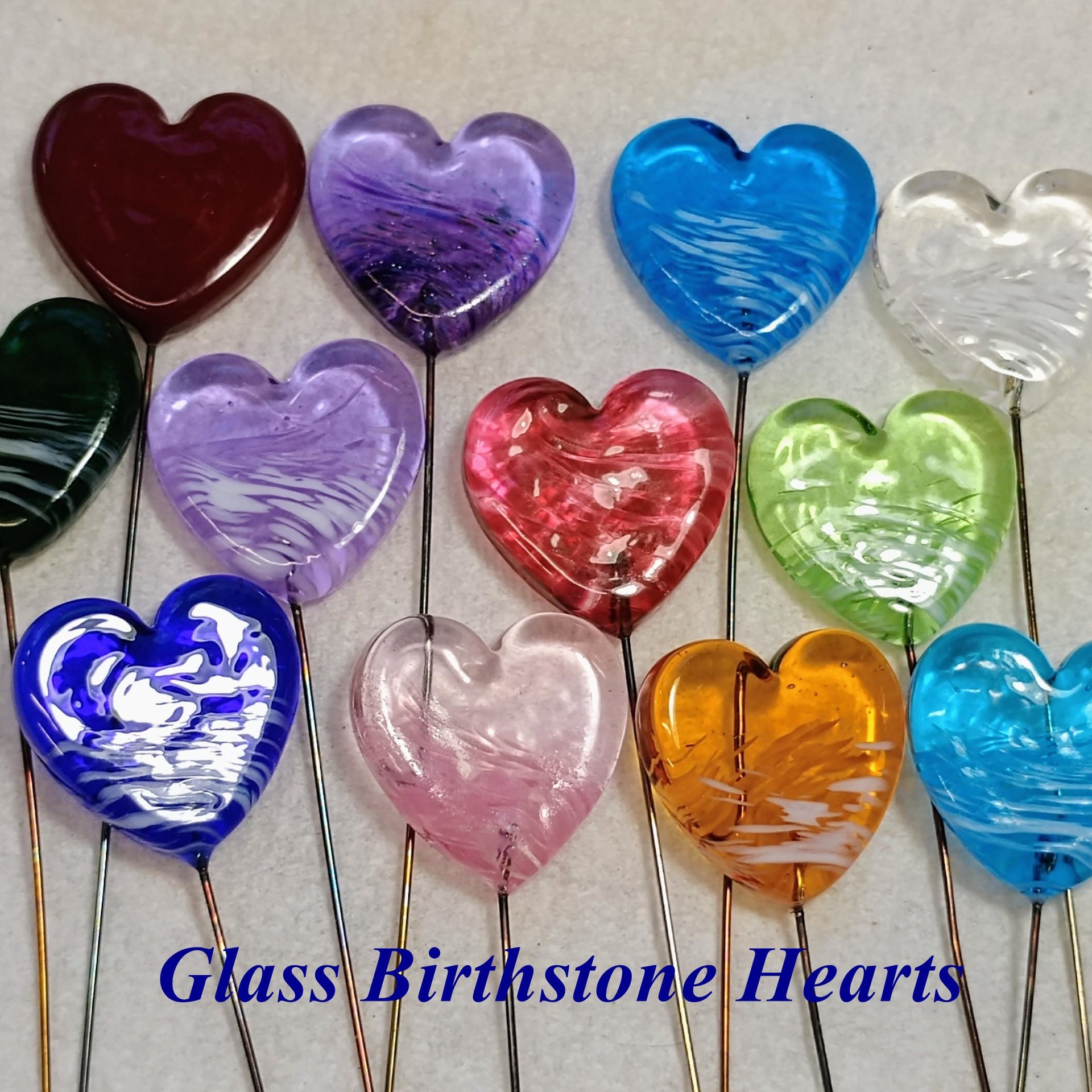 Birthstone Glass Heart Plant Pick for small floral bouquet, 3/4"x5in wire; handcrafted lampwork, gift, curio, windowsill, small vase