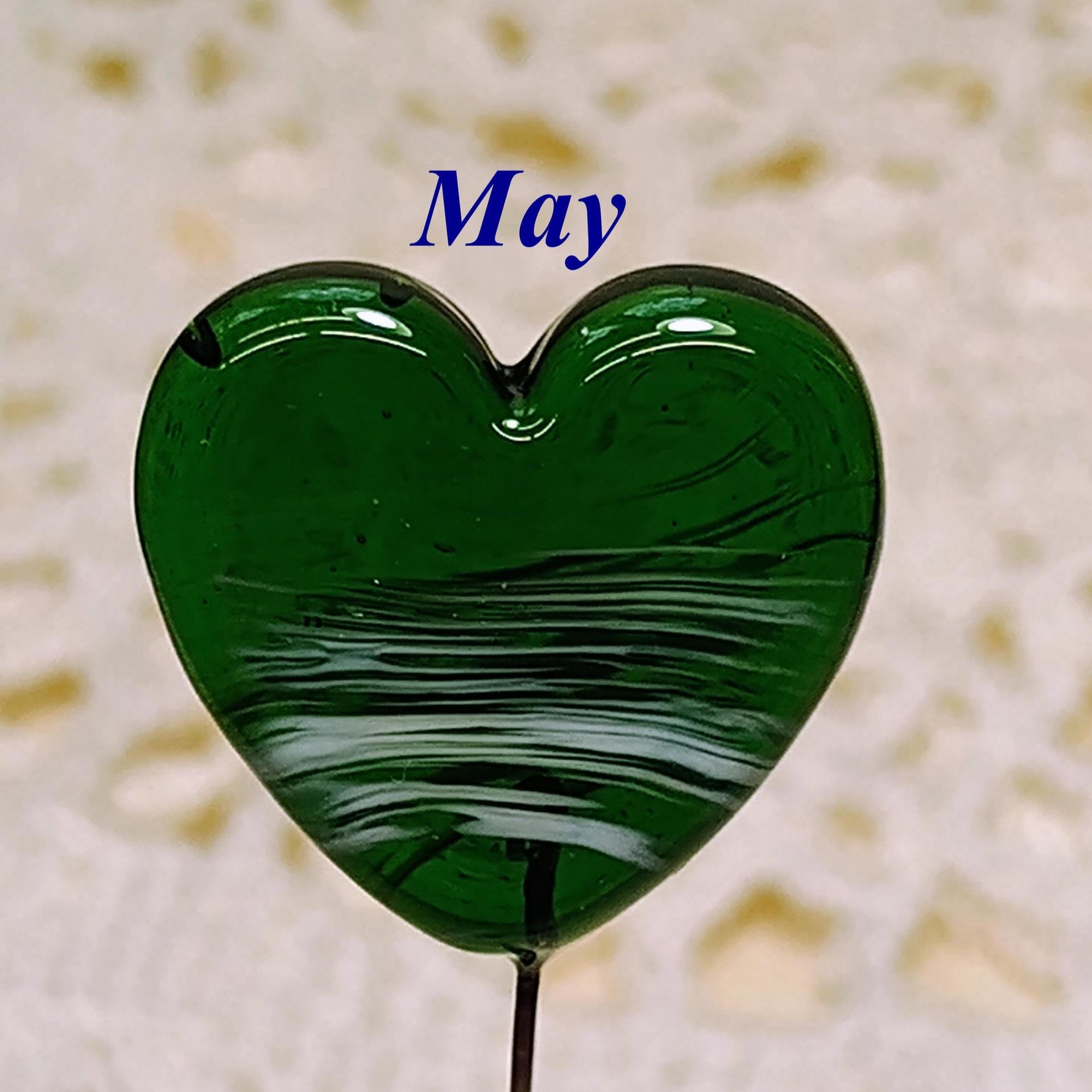 Birthstone Glass Heart Plant Pick for small floral bouquet, 3/4"x5in wire; handcrafted lampwork, gift, curio, windowsill, small vase