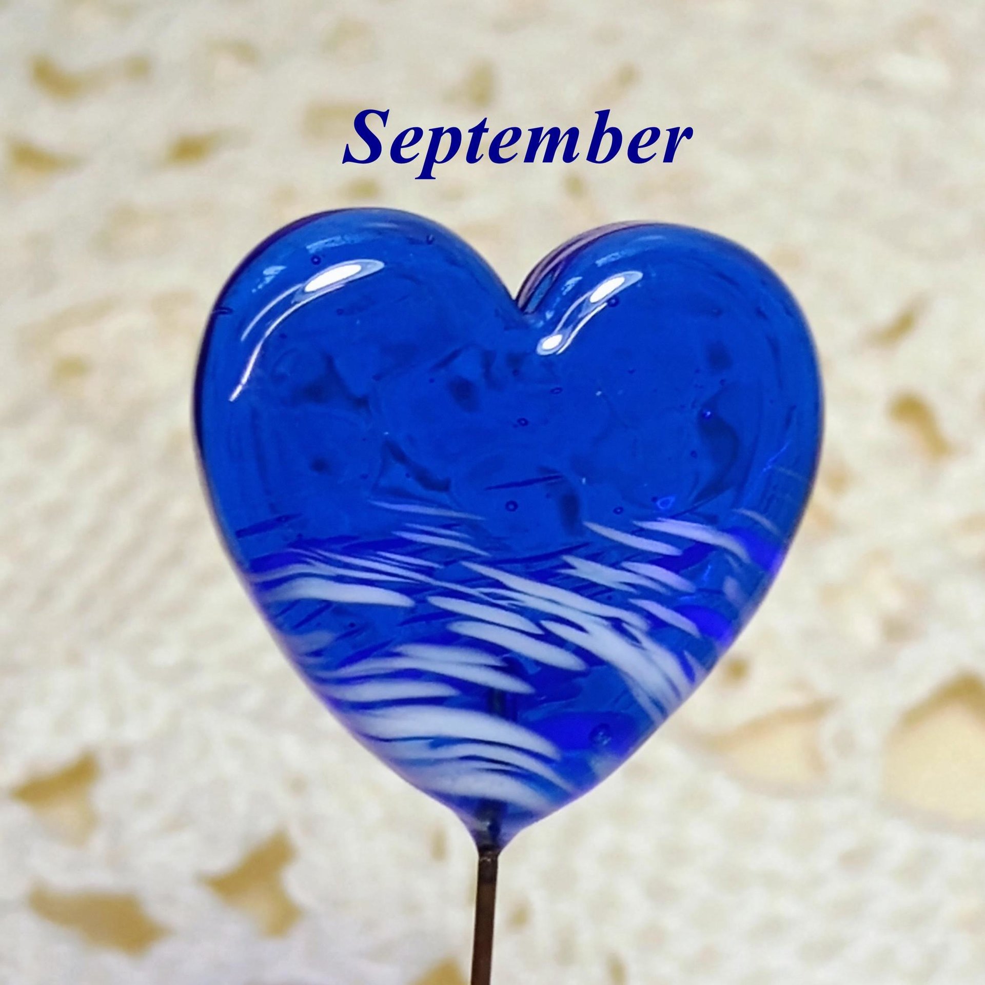 Birthstone Glass Heart Plant Pick for small floral bouquet, 3/4"x5in wire; handcrafted lampwork, gift, curio, windowsill, small vase