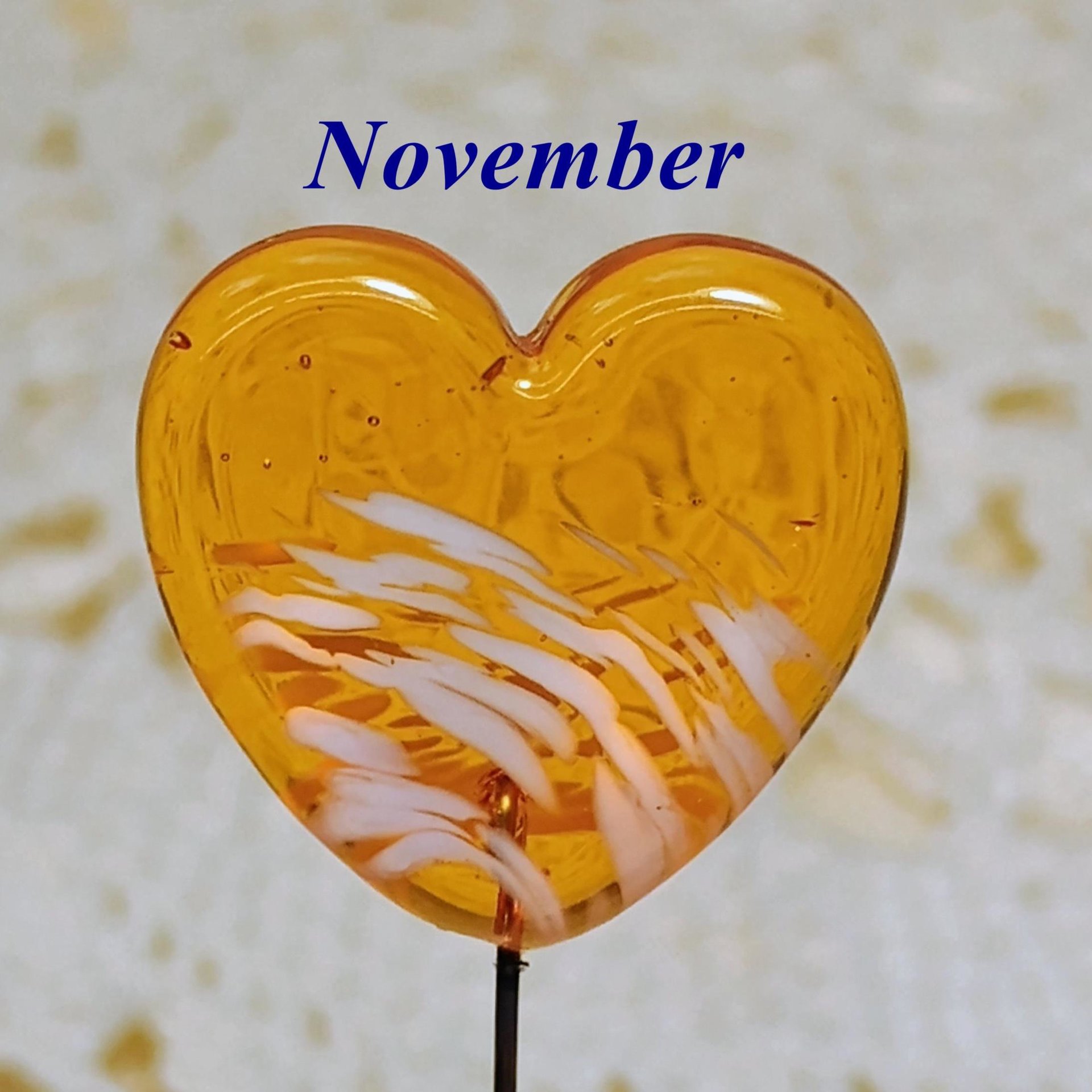 Birthstone Glass Heart Plant Pick for small floral bouquet, 3/4"x5in wire; handcrafted lampwork, gift, curio, windowsill, small vase