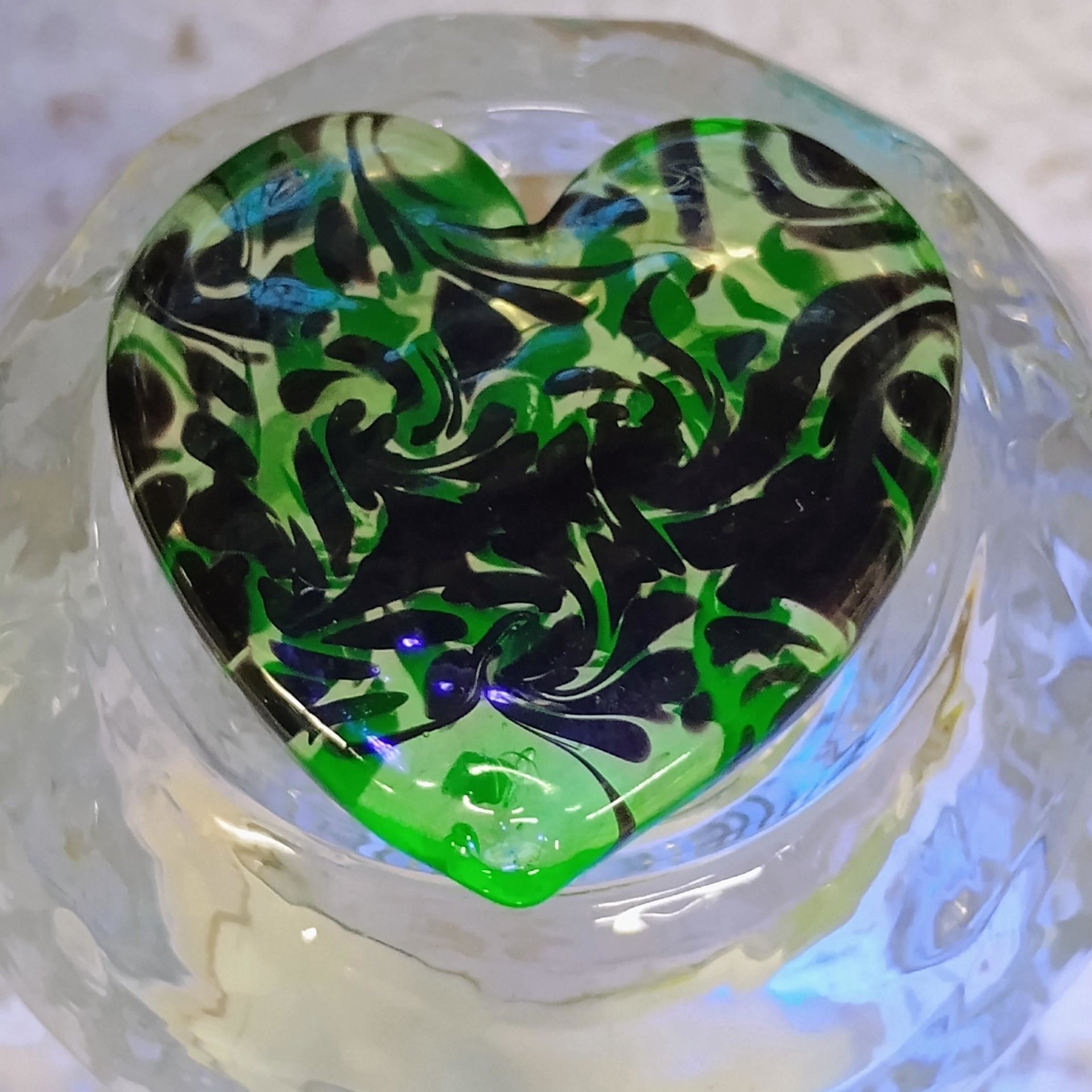 Uranium Vaseline Glass Heart Black Swirl;  Large Heart 1.25" (30mm)  glass with black swirls; plant pick gift pocket heart, curio, wirewrap