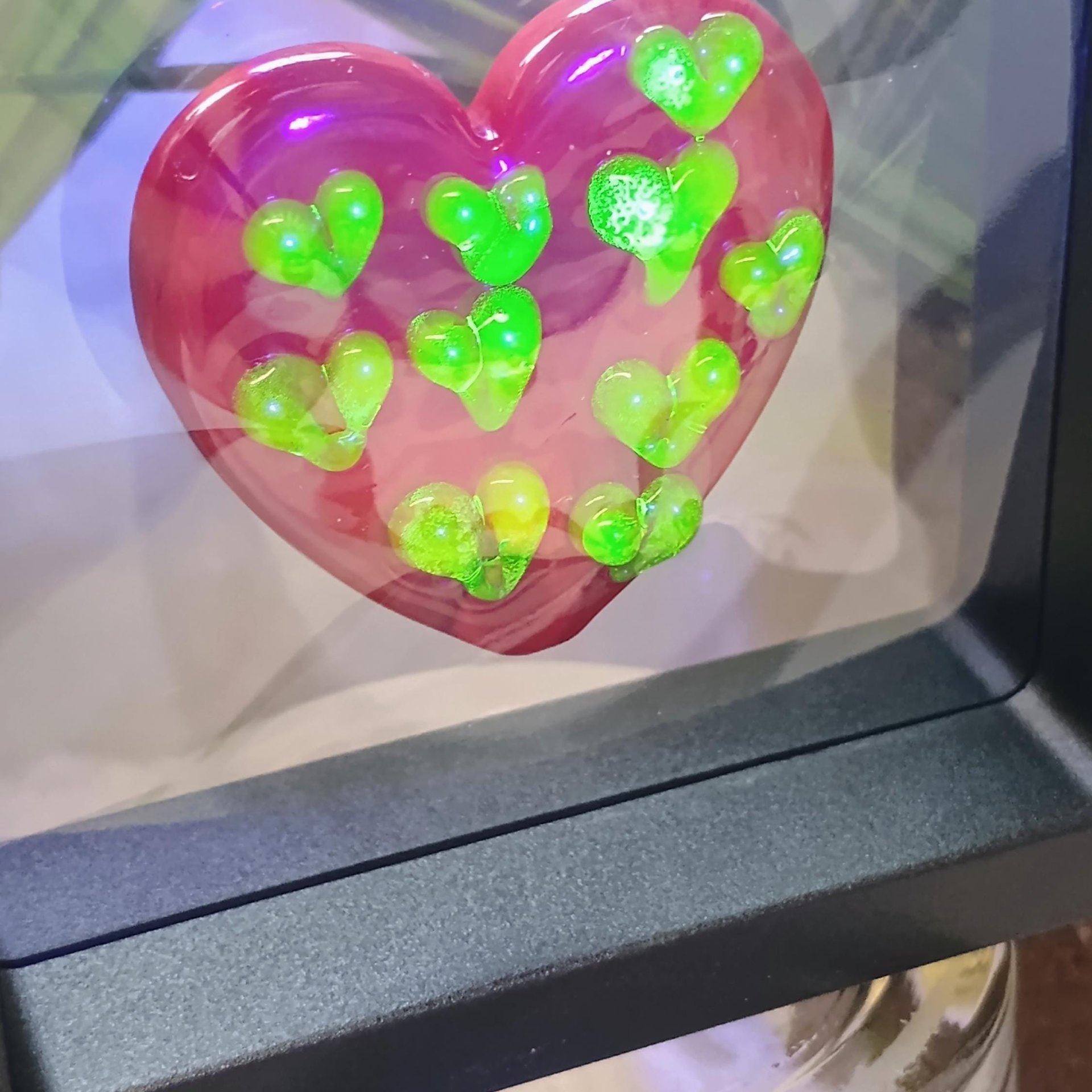 Red Glass + Uranium Vaseline Hearts; Hidden small uranium hearts with bubbles appear in UV light,  LG Heart 1.25" (30mm) Valentine's Love