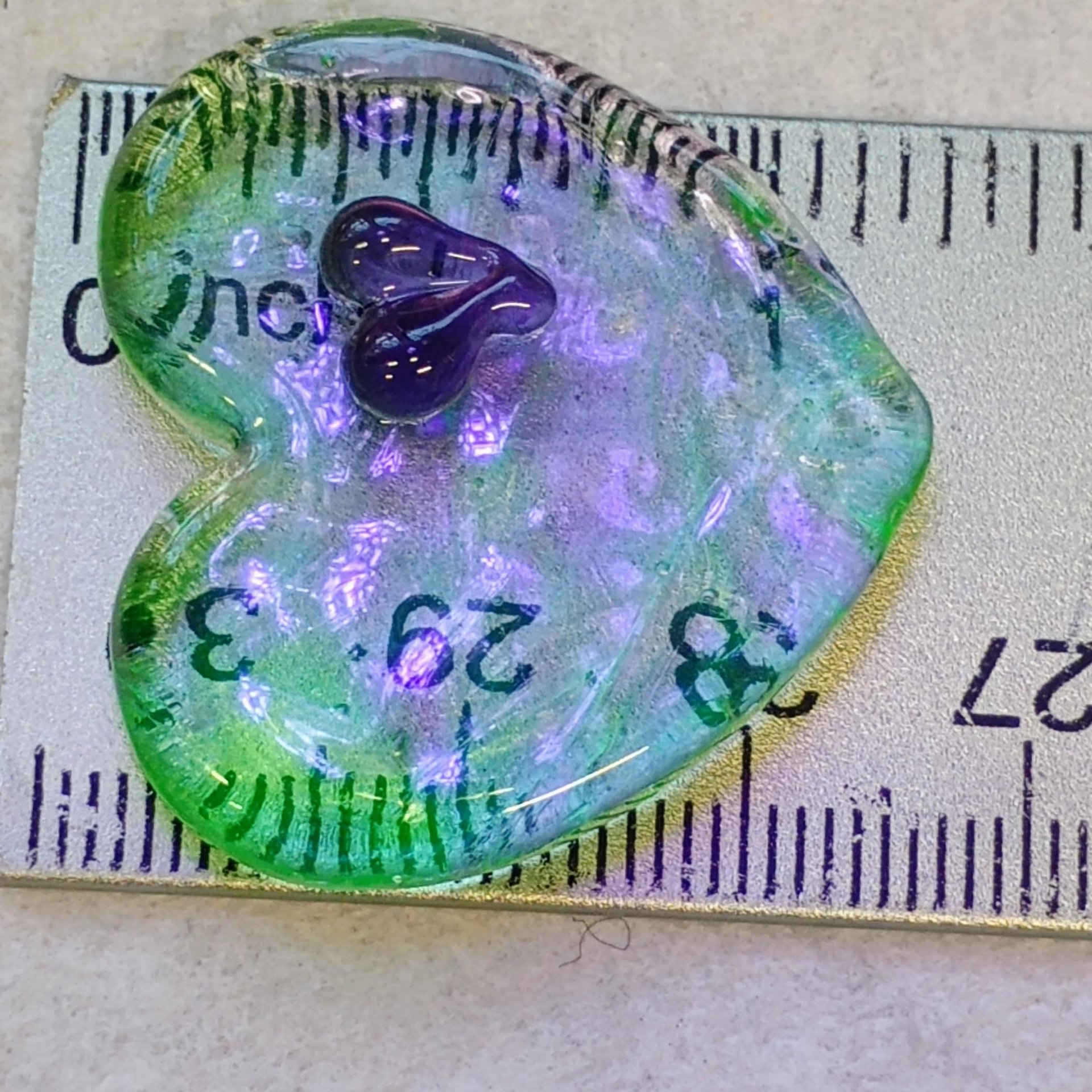 Wispy Uranium Lavender Heart UV Glow! Uranium Large Heart 1.25" (30mm) lavender with uranium swirls; pocket heart, perfect Valentine's gift