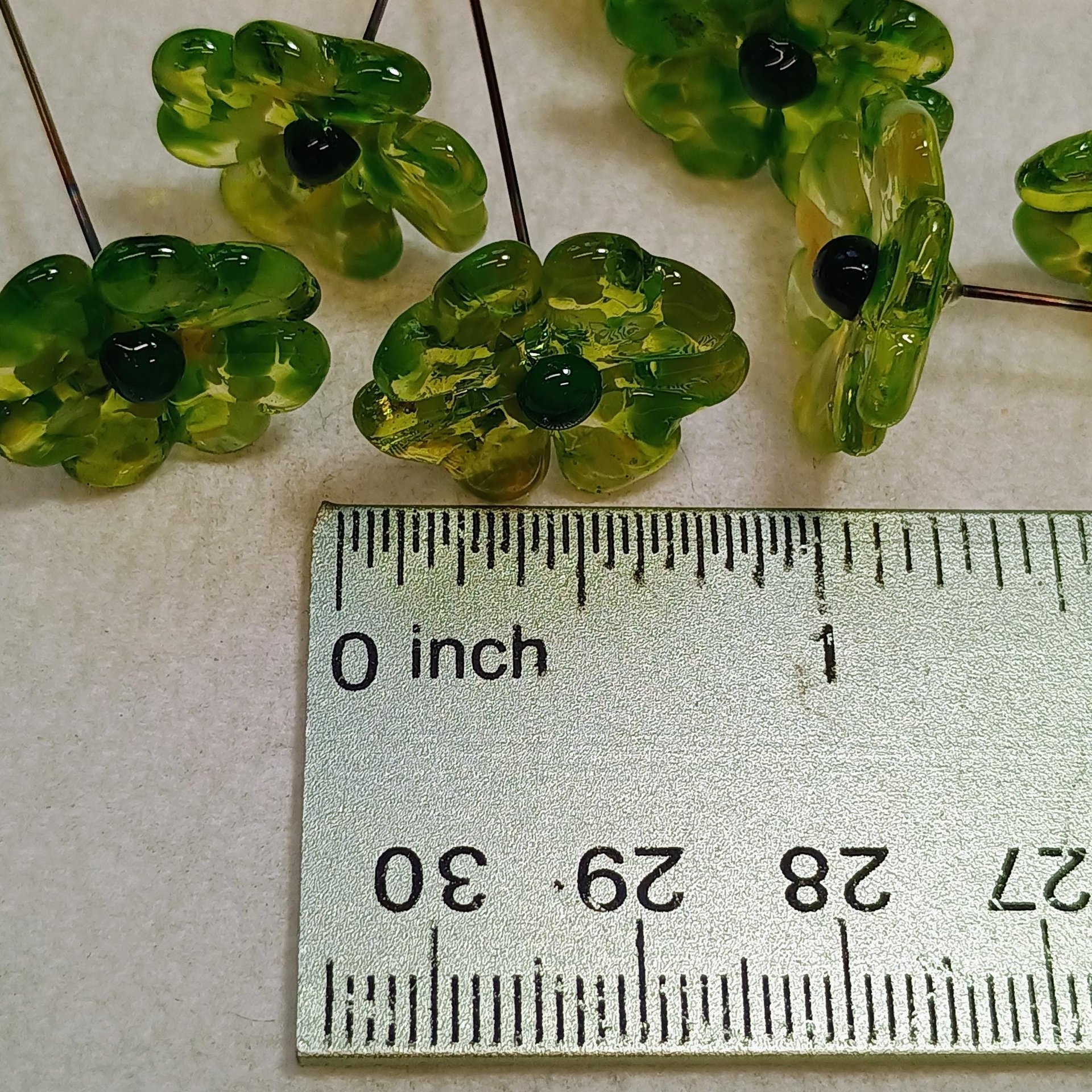 Uranium Glass 4 leaf Clover Shamrock, Luck of the Irish, mixed green handmade lampwork plant pick on 5in wire. Bouquet, Irish gift, 395nm