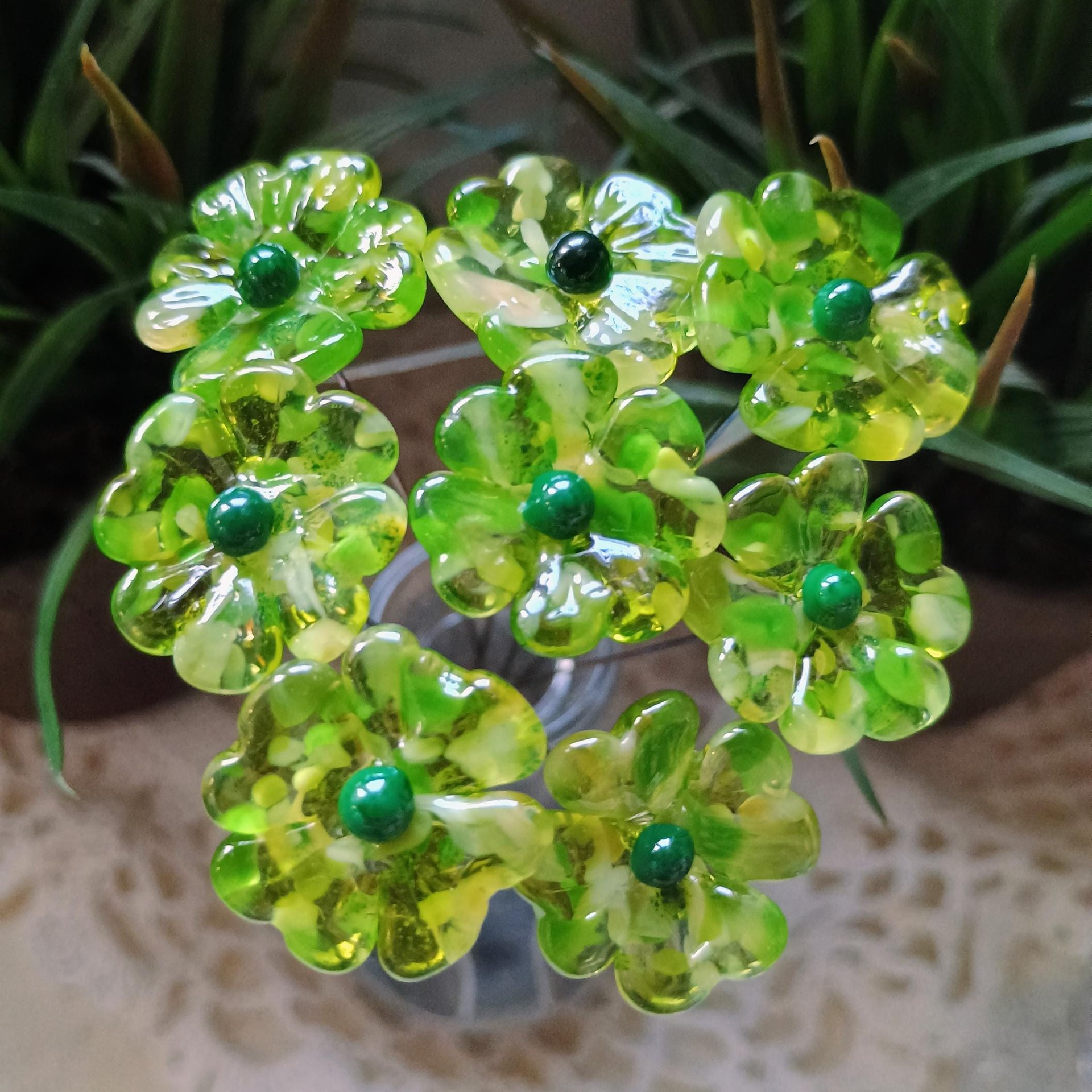 Uranium Glass 4 leaf Clover Shamrock, Luck of the Irish, mixed green handmade lampwork plant pick on 5in wire. Bouquet, Irish gift, 395nm