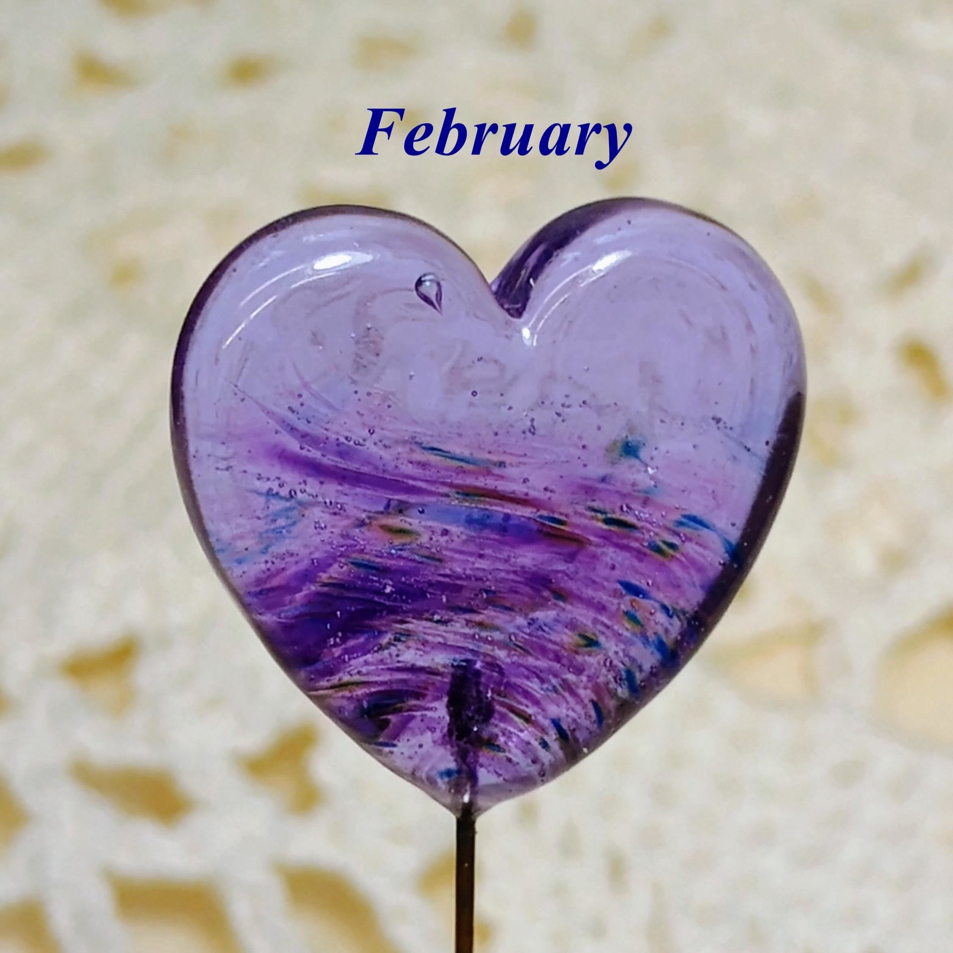 Birthstone Glass Heart Plant Pick for small floral bouquet, 3/4"x5in wire; handcrafted lampwork, gift, curio, windowsill, small vase
