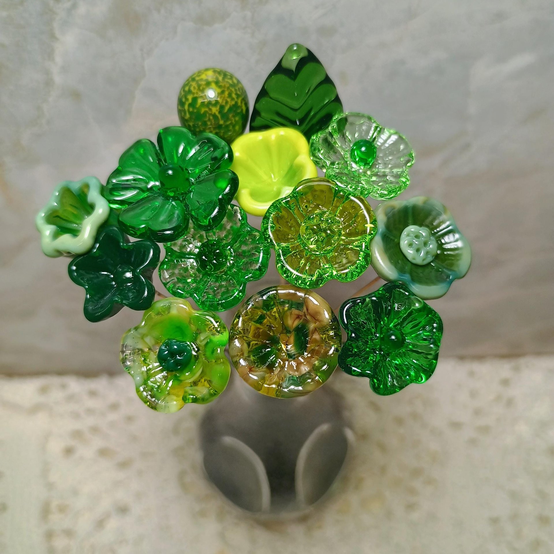 IRISH CELTIC Bouquet ~ glass flower bouquet, tiny small miniature glass flowers; individually crafted lampwork, irish gift, greenspace curio