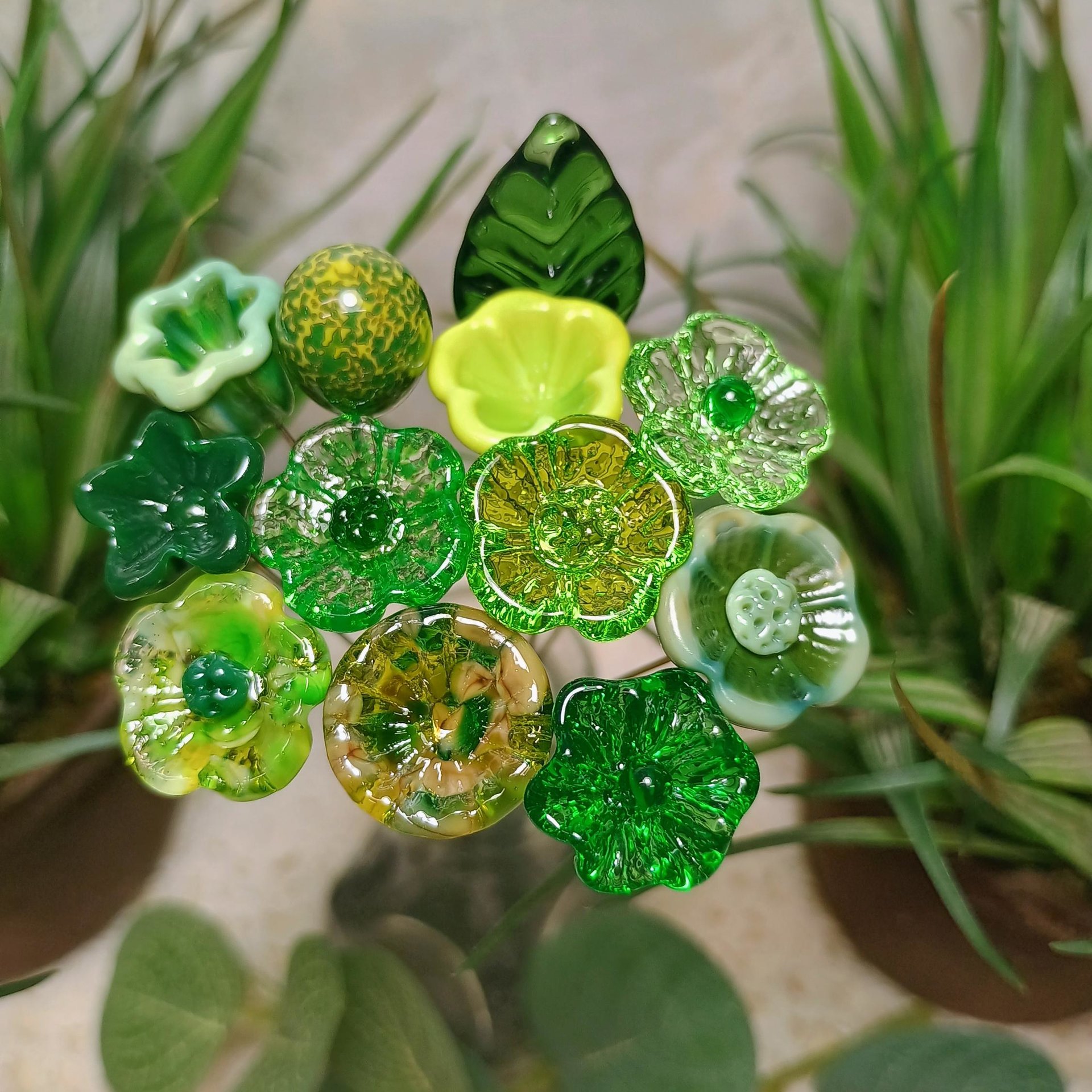IRISH CELTIC Bouquet ~ glass flower bouquet, tiny small miniature glass flowers; individually crafted lampwork, irish gift, greenspace curio