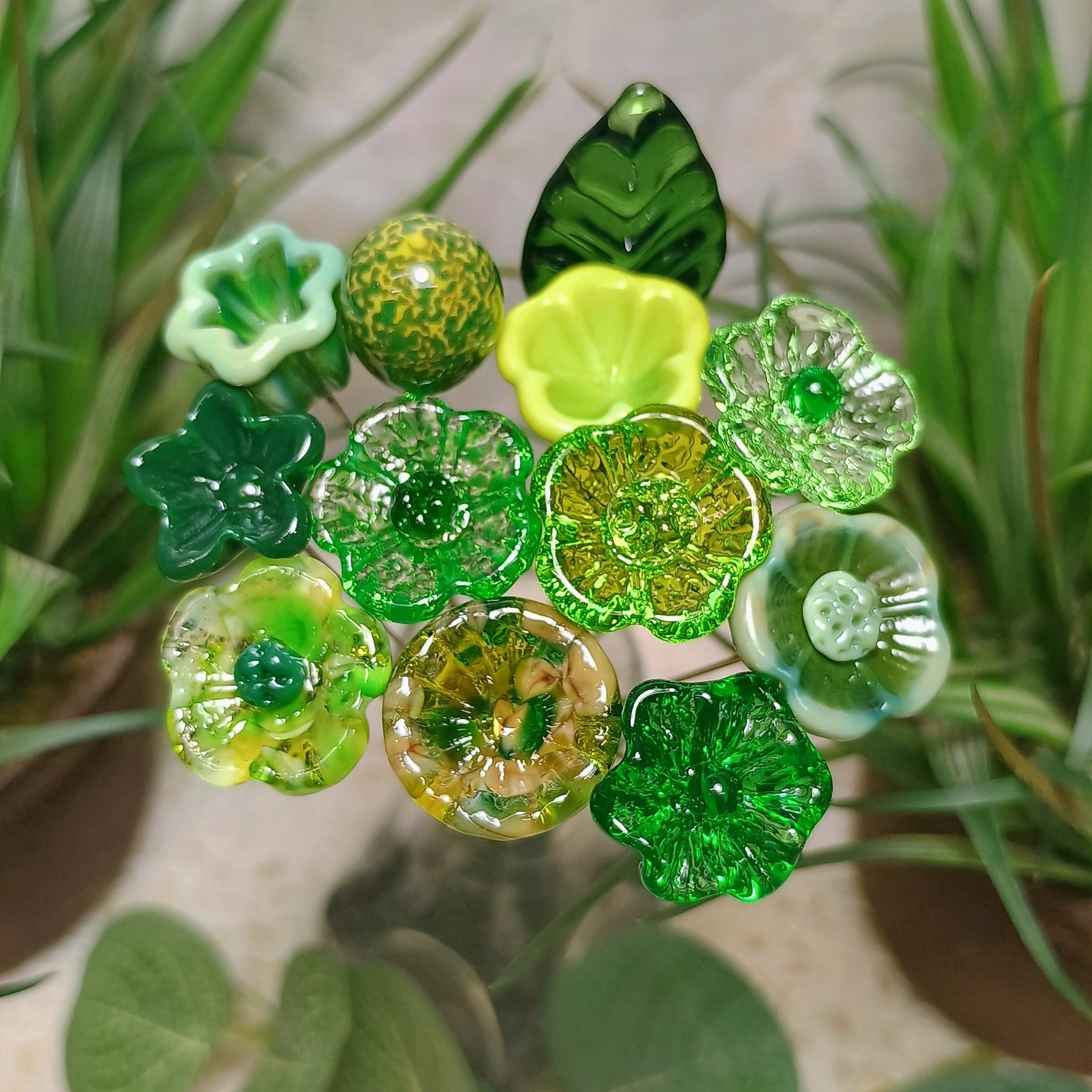 IRISH CELTIC Bouquet ~ glass flower bouquet, tiny small miniature glass flowers; individually crafted lampwork, irish gift, greenspace curio