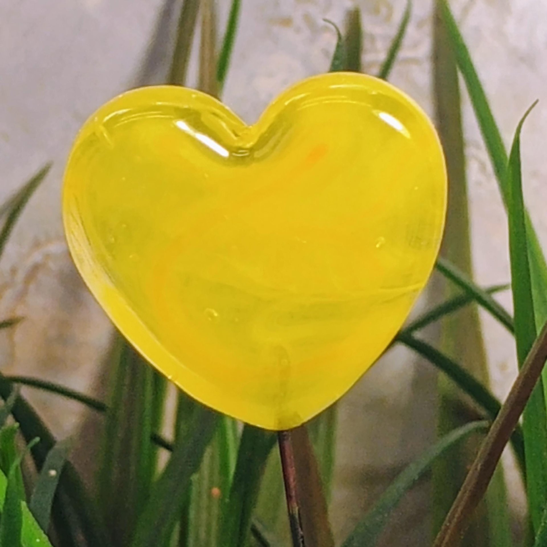Glass Heart Plant Pick, Yellow Sunshine Summer 5in wire. Use for floral bouquet, wedding, cake decor, plants, jewelry, gifts; handmade 3/4in