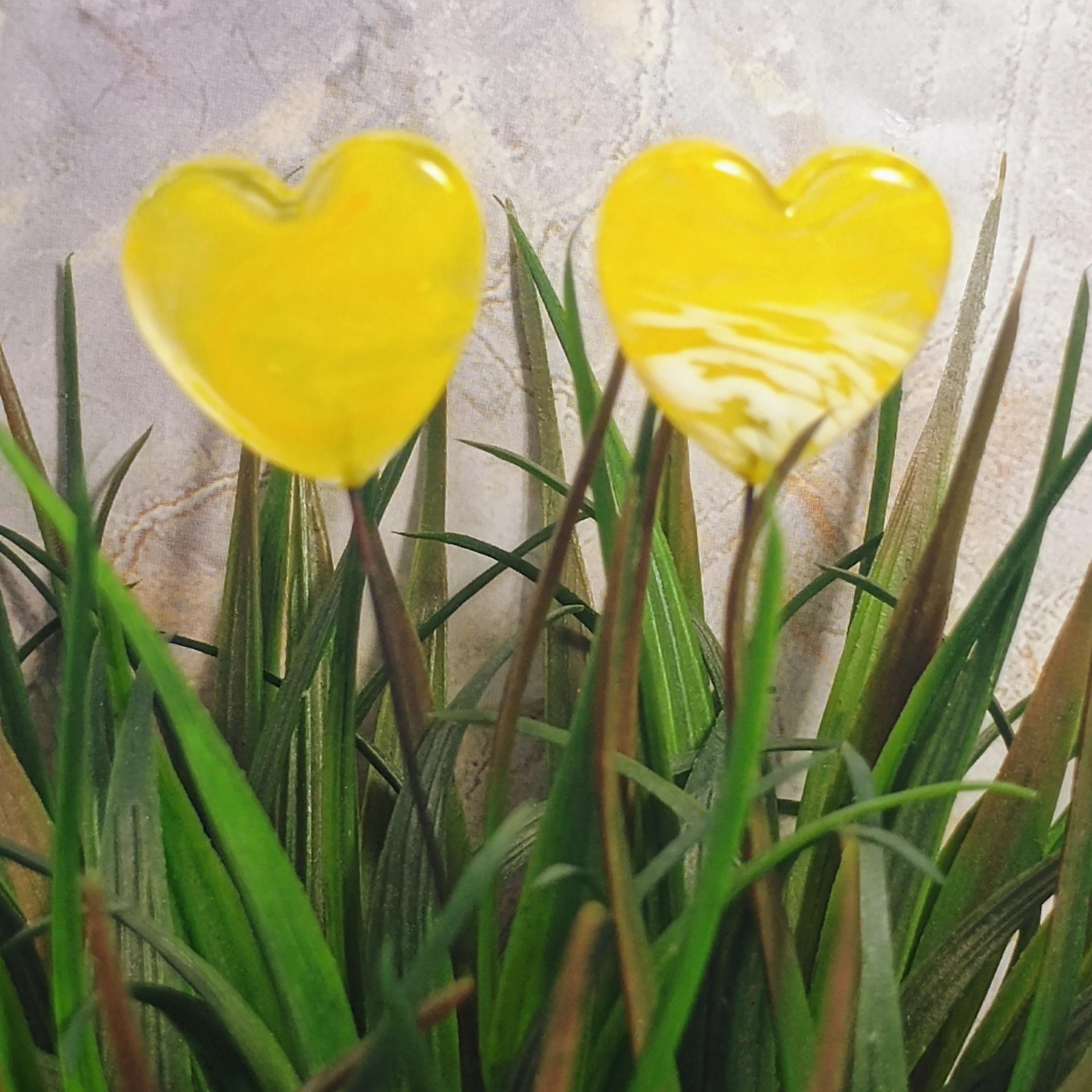 Glass Heart Plant Pick, Yellow Sunshine Summer 5in wire. Use for floral bouquet, wedding, cake decor, plants, jewelry, gifts; handmade 3/4in