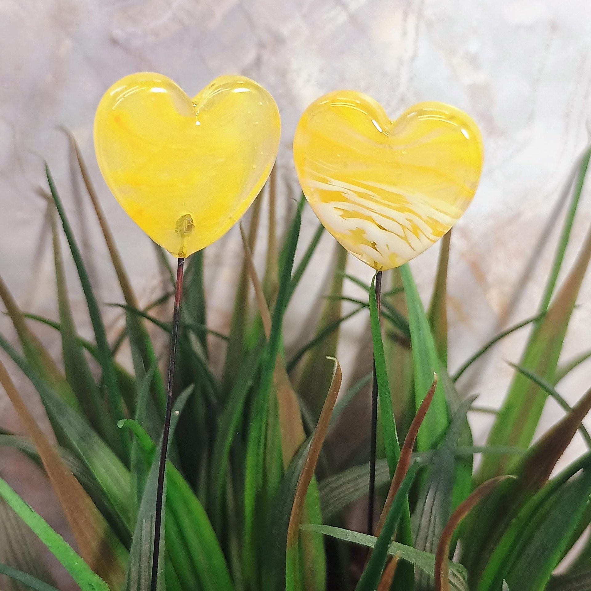 Glass Heart Plant Pick, Yellow Sunshine Summer 5in wire. Use for floral bouquet, wedding, cake decor, plants, jewelry, gifts; handmade 3/4in
