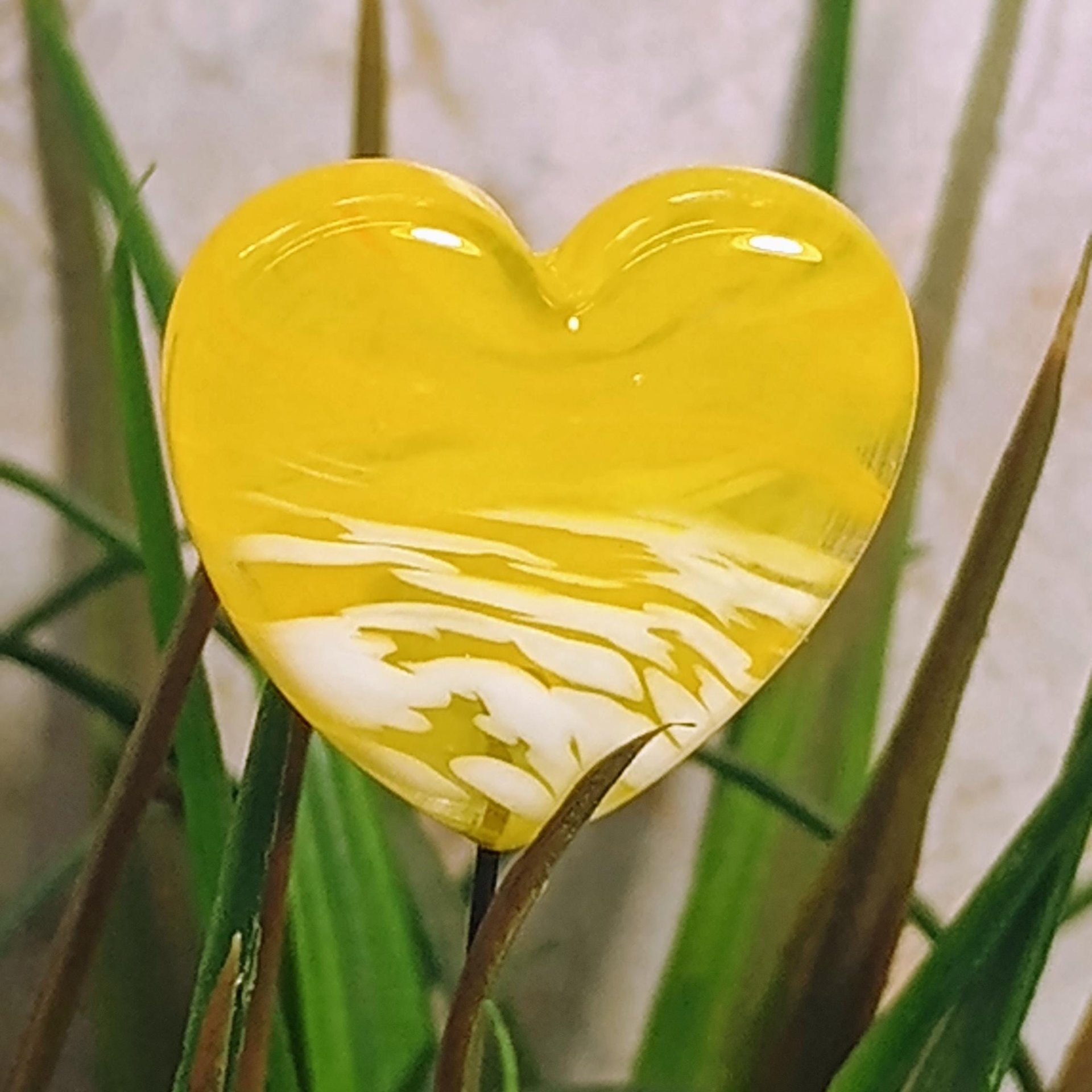 Glass Heart Plant Pick, Yellow Sunshine Summer 5in wire. Use for floral bouquet, wedding, cake decor, plants, jewelry, gifts; handmade 3/4in
