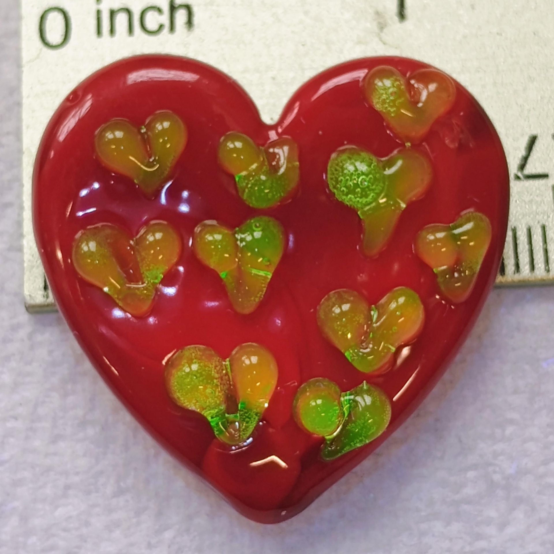 Red Glass + Uranium Vaseline Hearts; Hidden small uranium hearts with bubbles appear in UV light,  LG Heart 1.25" (30mm) Valentine's Love