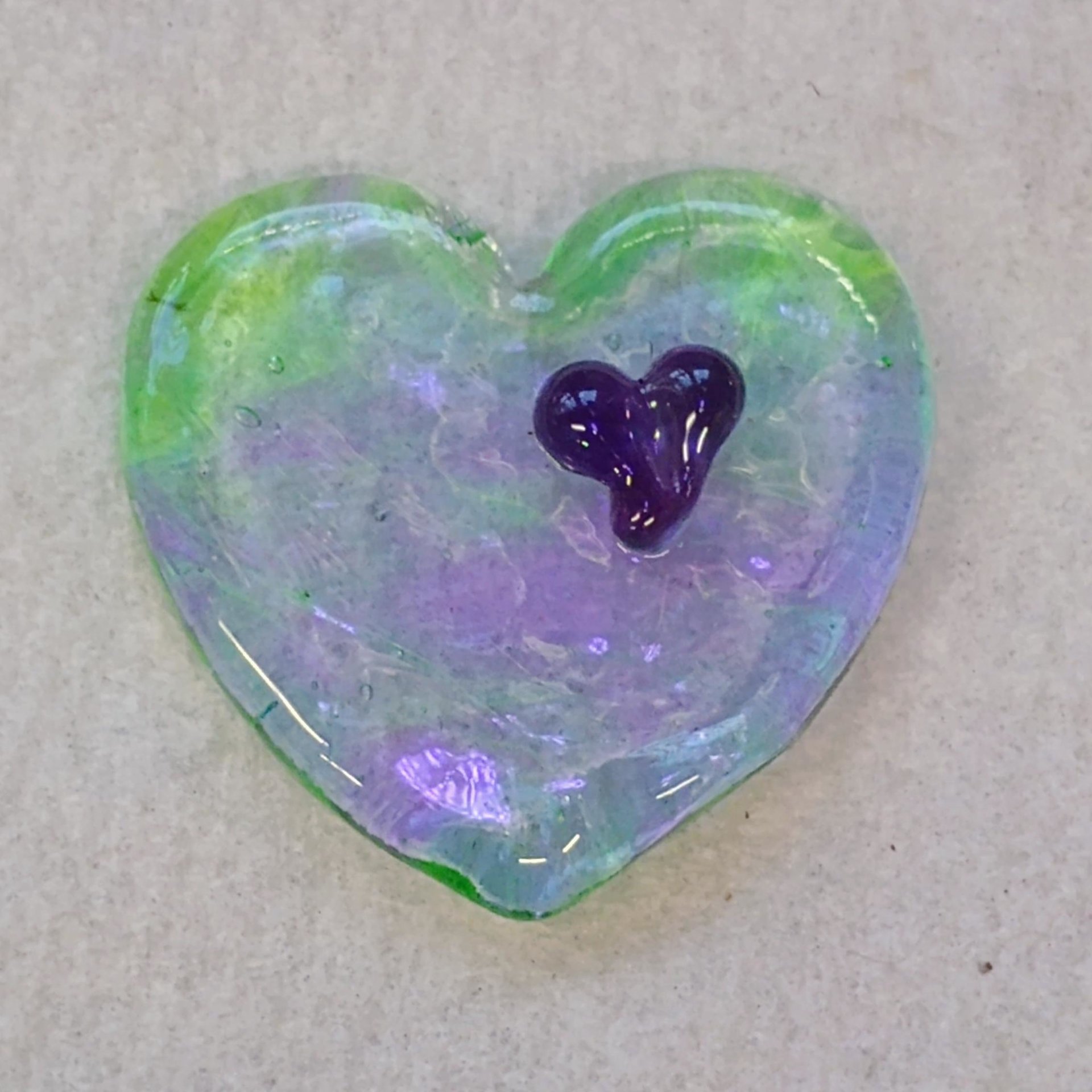 Wispy Uranium Lavender Heart UV Glow! Uranium Large Heart 1.25" (30mm) lavender with uranium swirls; pocket heart, perfect Valentine's gift