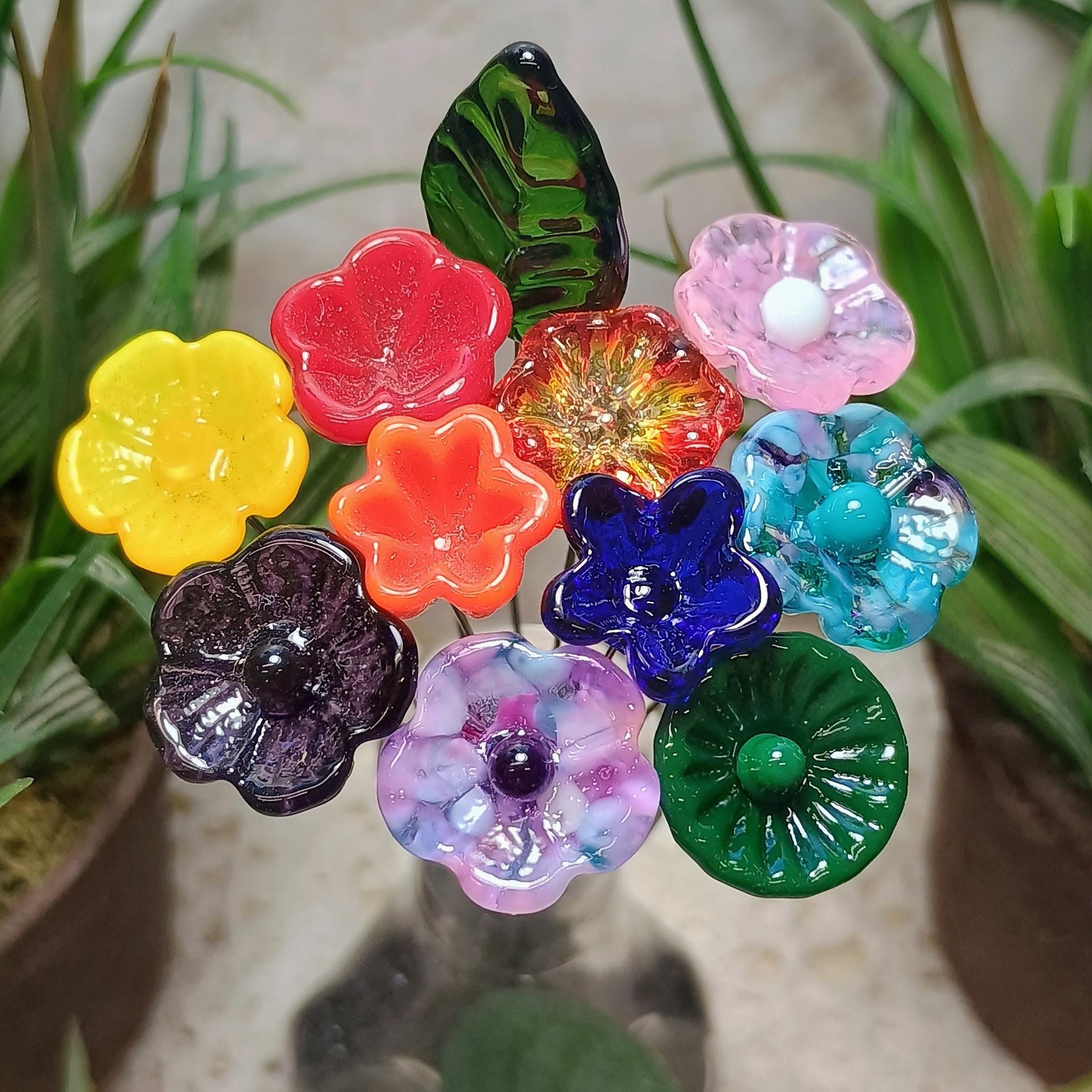Surprise Me/Mix It Up Glass Flower Bouquet, tiny mini small glass flowers handcrafted lampwork, gift, wedding, coworker, just because