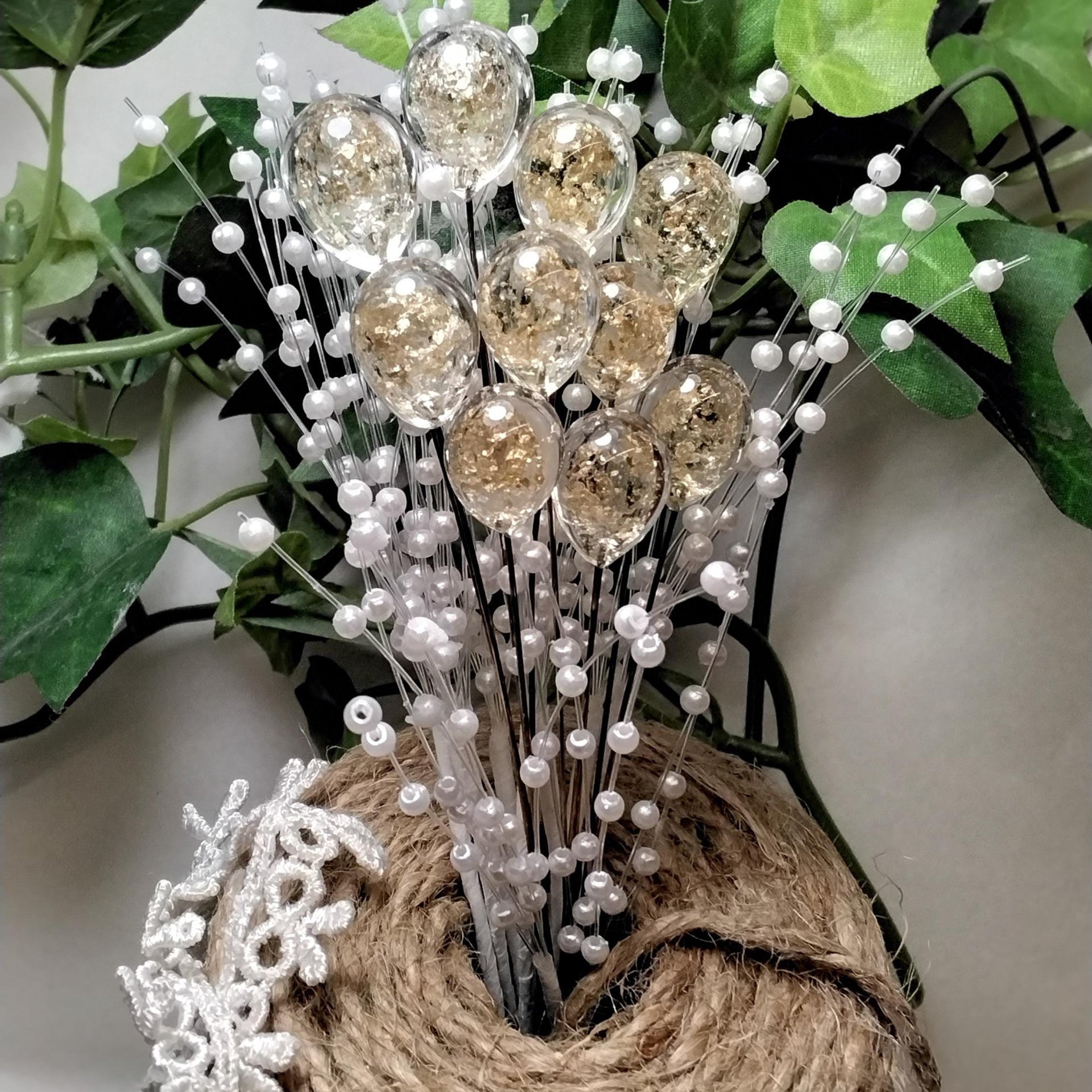 GOLD GLITTER ORB - Glass Drop Orb: glass with gold glitter inside each unique;  handmade lampwork, jewelry, mix media, plant pick, wedding