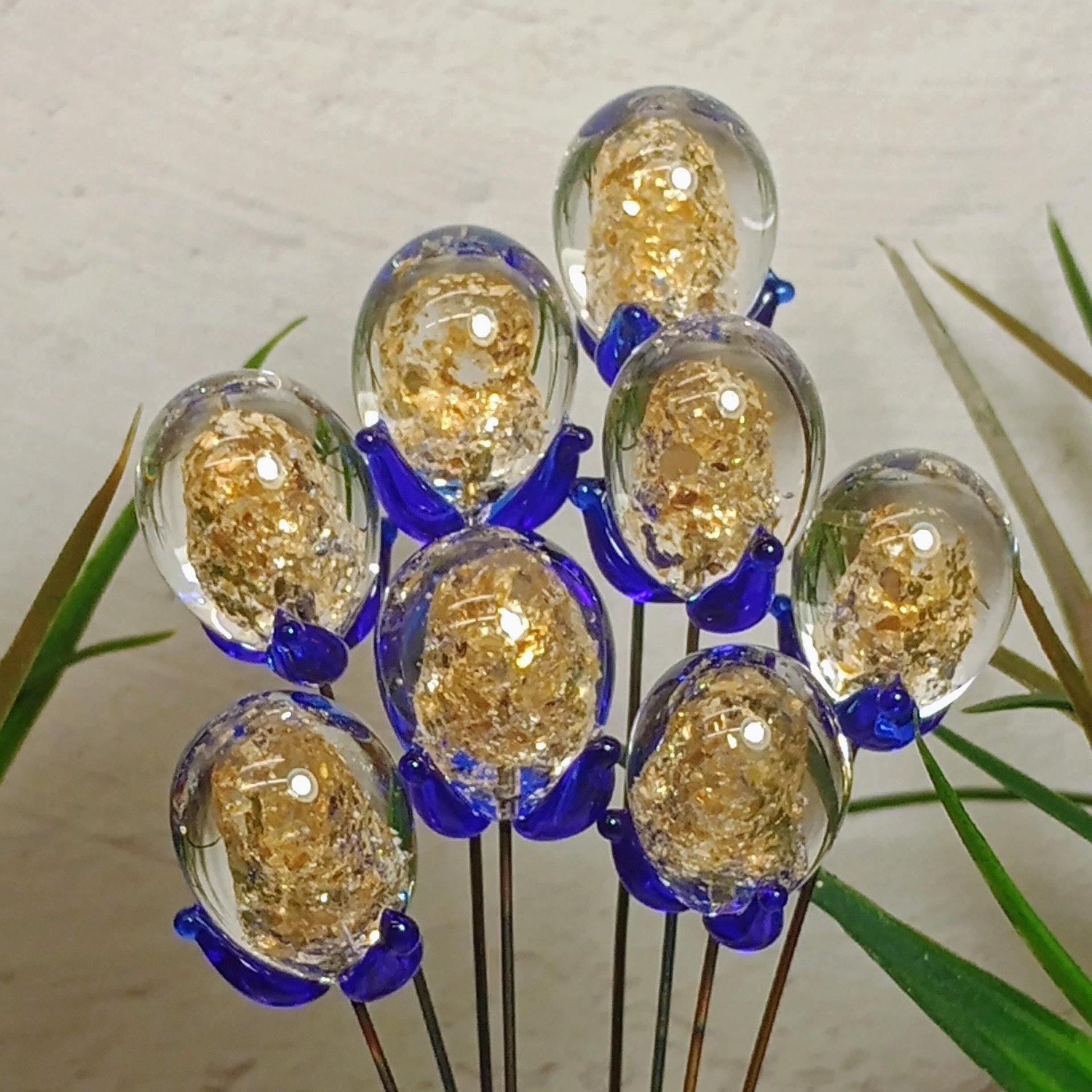 GOLD GLITTER ORB - Glass Drop Orb: glass with gold glitter inside each unique;  handmade lampwork, jewelry, mix media, plant pick, wedding