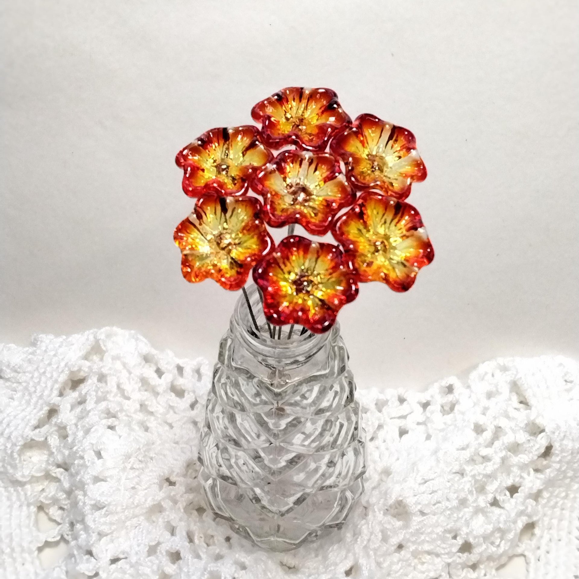 FIRE UV Reactive translucent ~glass flower miniature tiny small glass flowers on wire headpins; individually crafted lampwork; amber/red UV