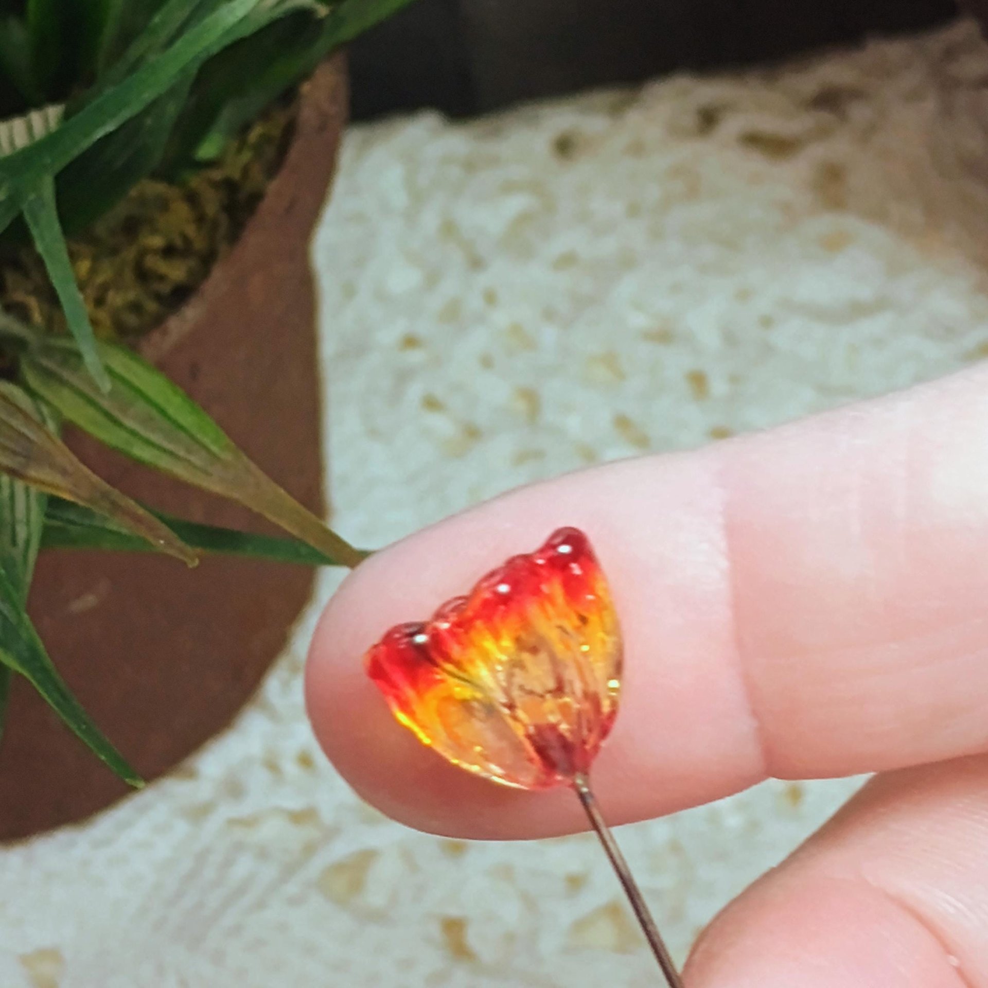 FIRE UV Reactive translucent ~glass flower miniature tiny small glass flowers on wire headpins; individually crafted lampwork; amber/red UV