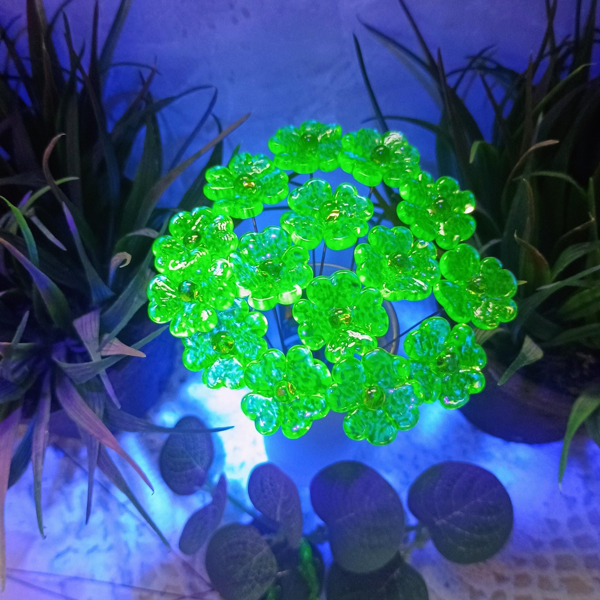 Uranium Glass 4 leaf Clover Shamrock, Luck of the Irish, green sprinkle frit; lampwork plant pick on 5in wire. Bouquet, Irish gift, 395nm