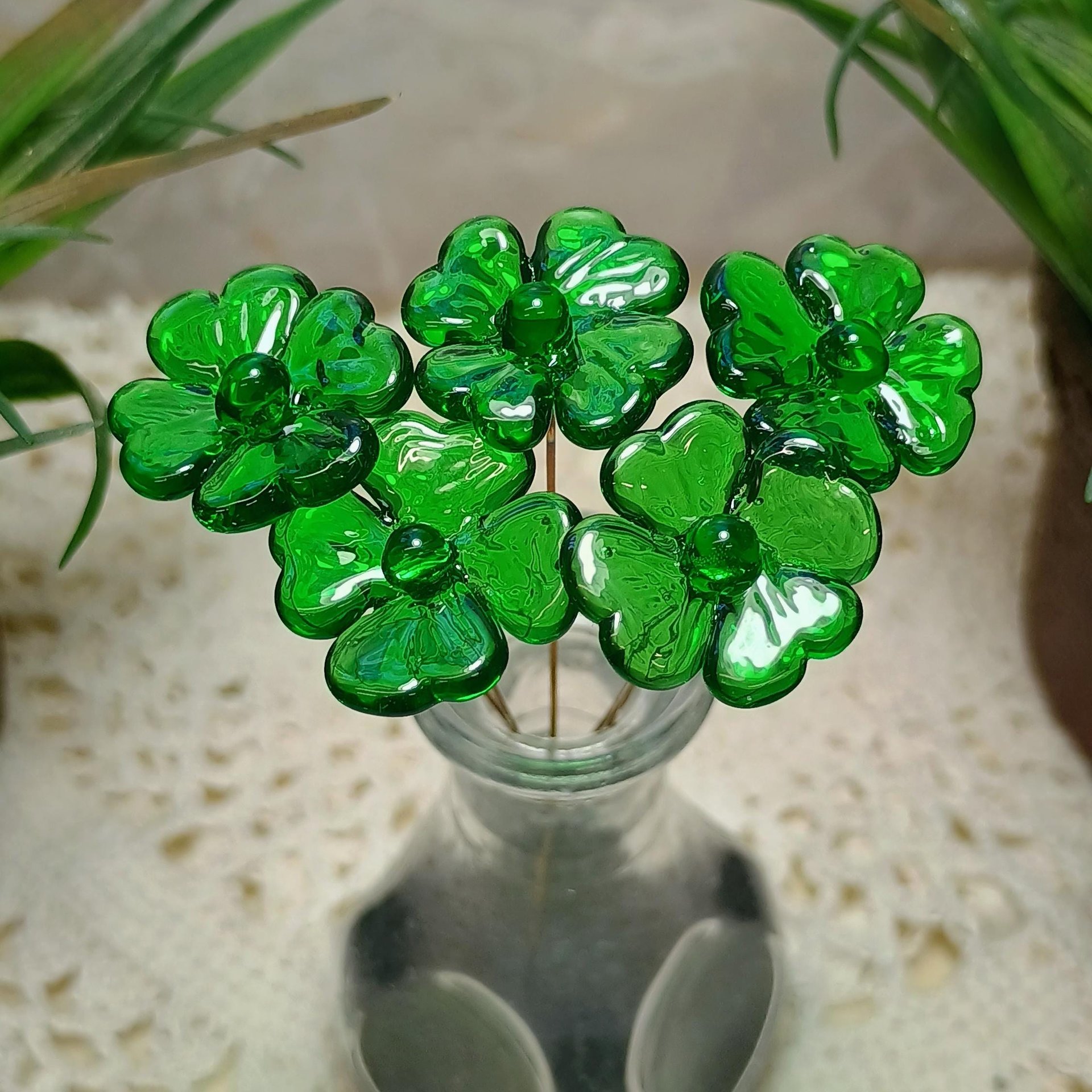 Glass 4 leaf Clover Shamrock, Luck of the Irish, kelly green handblown lampwork plant pick on 5in wire. bouquet, Irish gift, approx 3/4inch