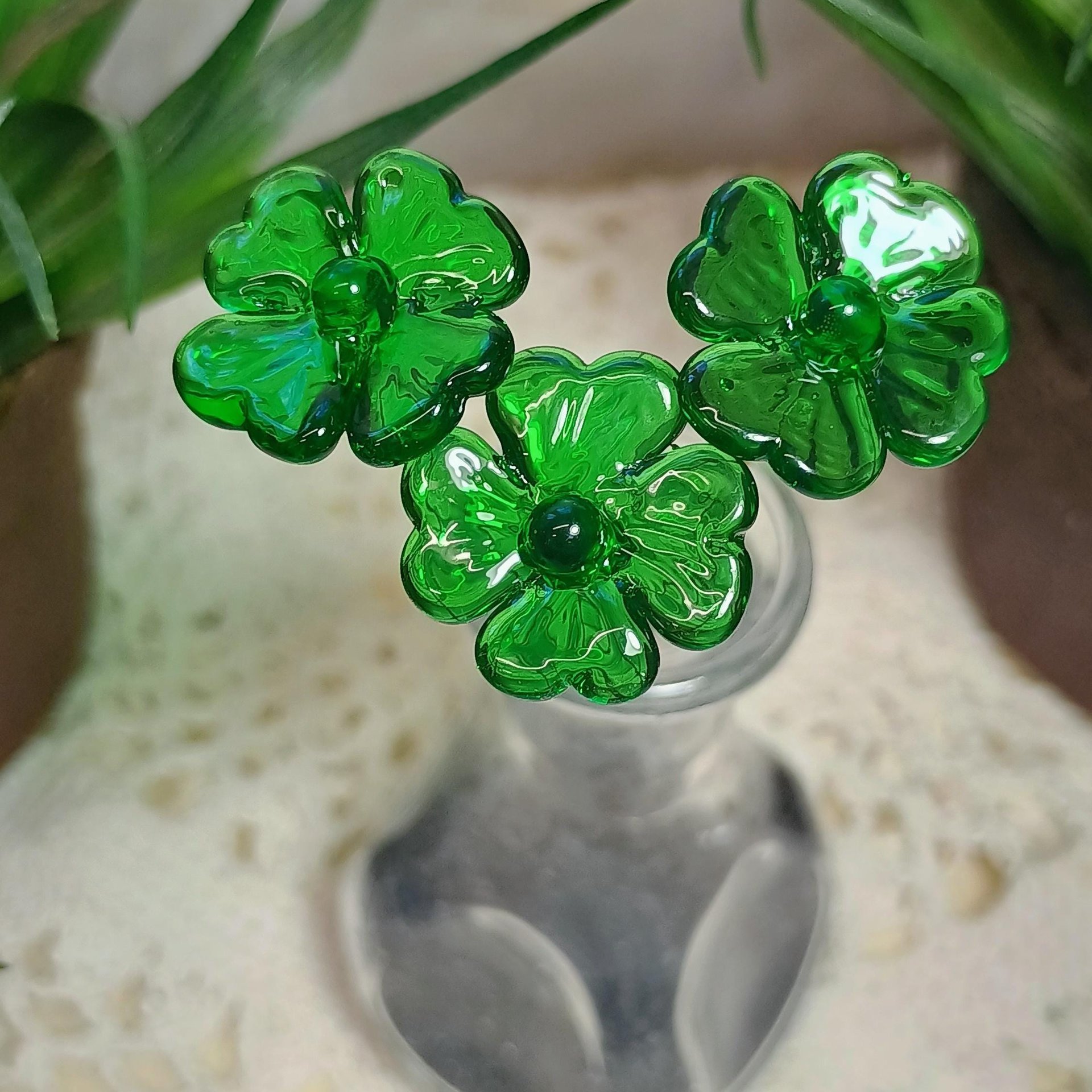 Glass 4 leaf Clover Shamrock, Luck of the Irish, kelly green handblown lampwork plant pick on 5in wire. bouquet, Irish gift, approx 3/4inch