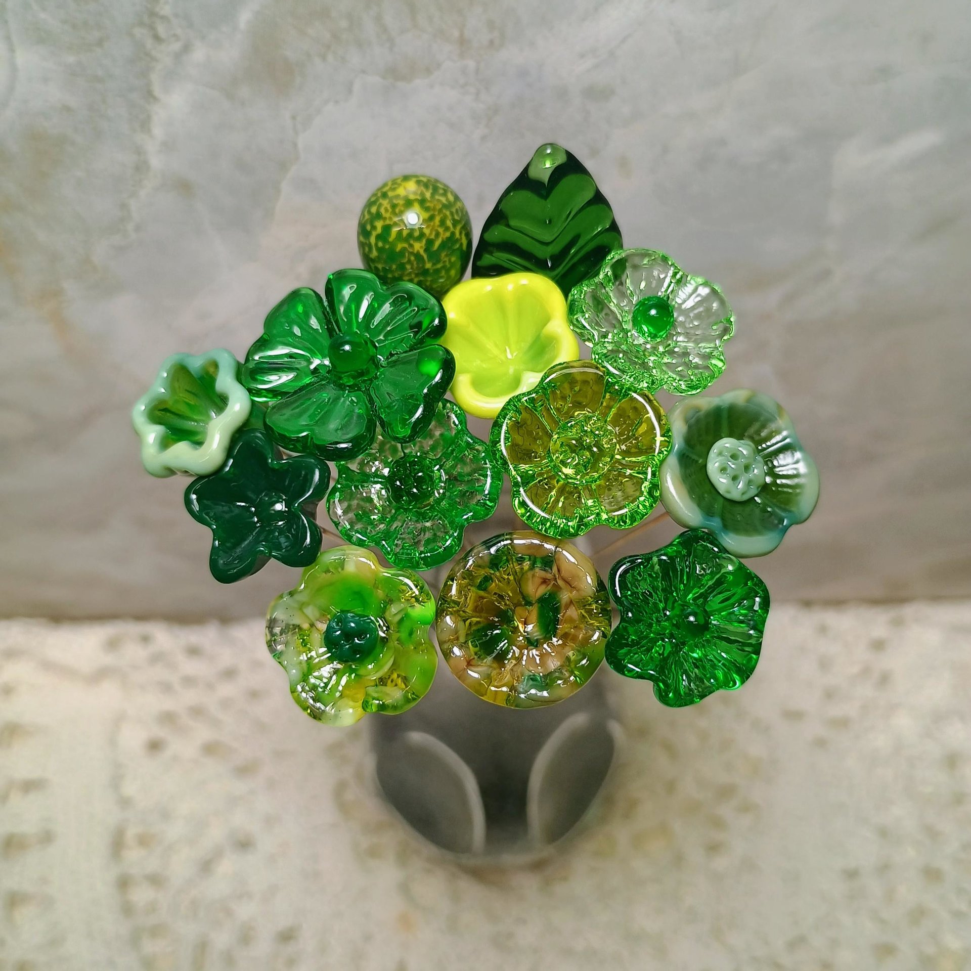 IRISH CELTIC Bouquet ~ glass flower bouquet, tiny small miniature glass flowers; individually crafted lampwork, irish gift, greenspace curio