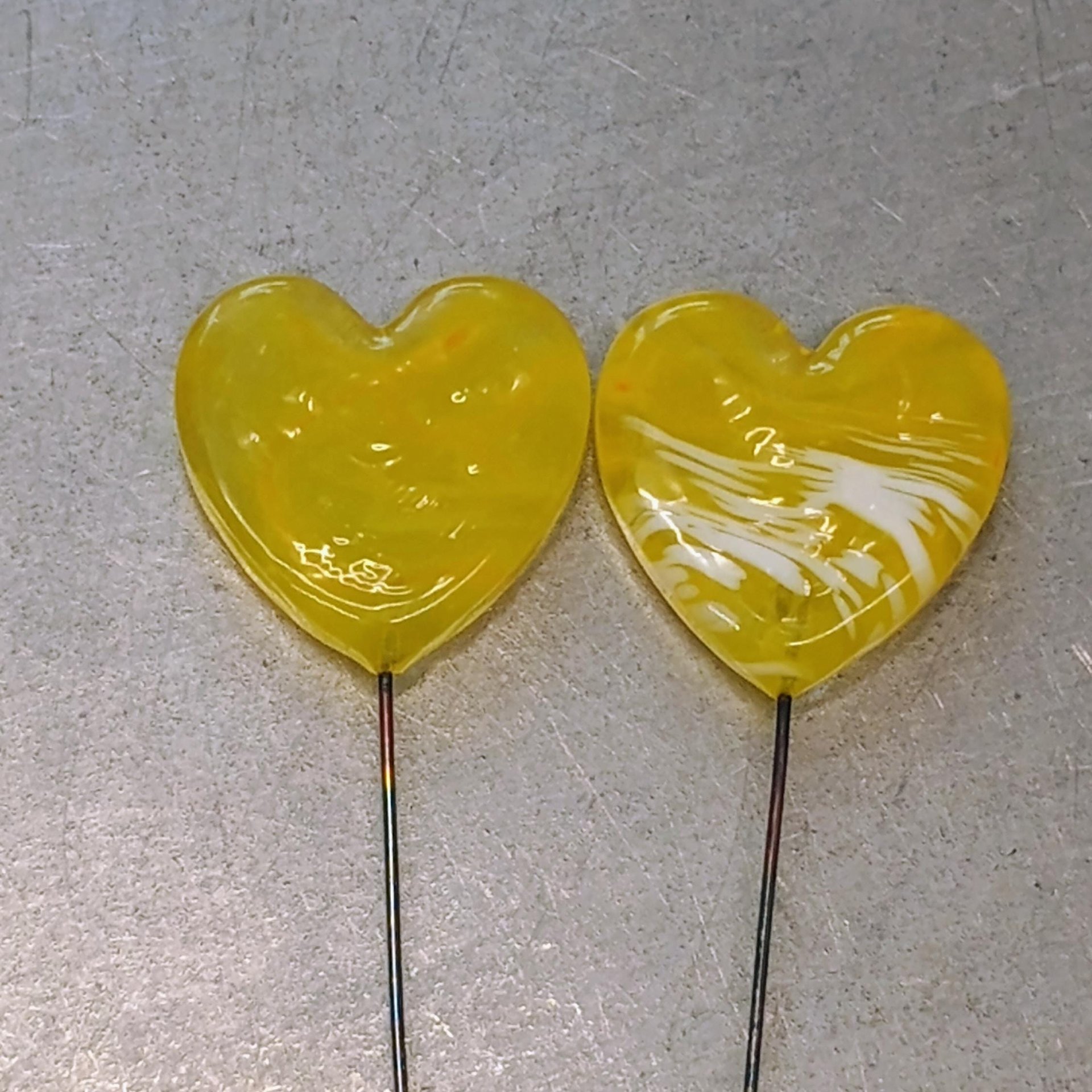 Glass Heart Plant Pick, Yellow Sunshine Summer 5in wire. Use for floral bouquet, wedding, cake decor, plants, jewelry, gifts; handmade 3/4in