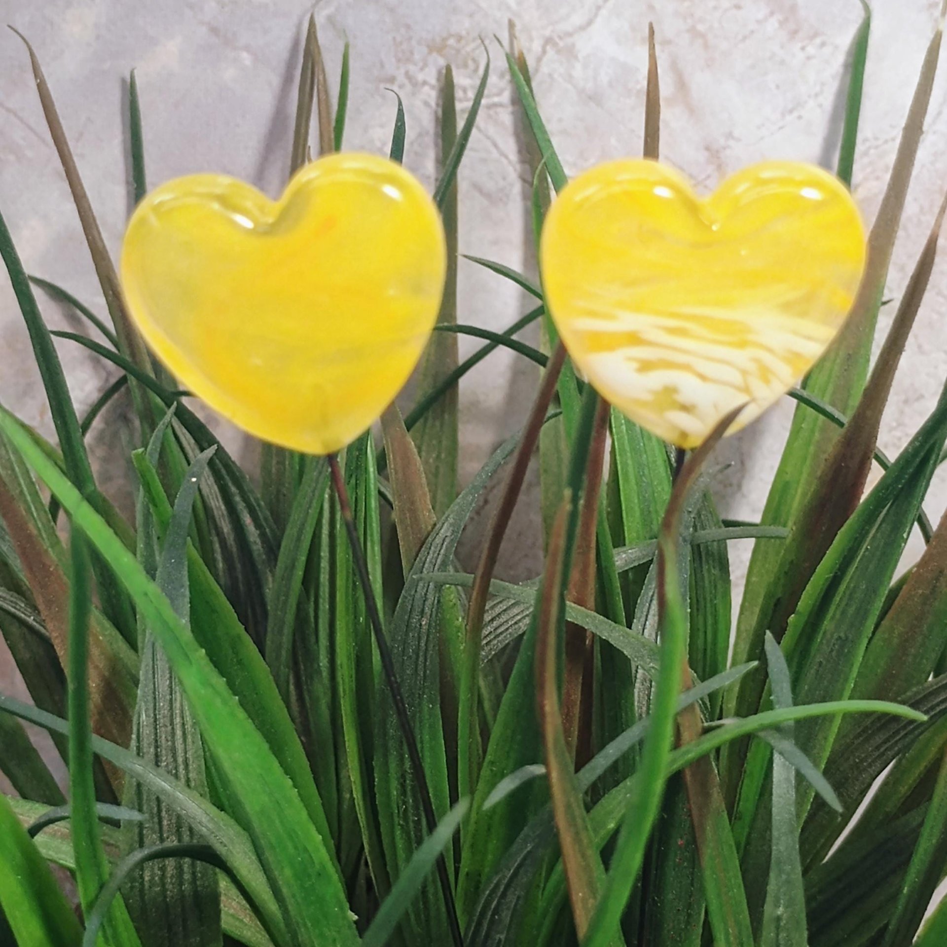 Glass Heart Plant Pick, Yellow Sunshine Summer 5in wire. Use for floral bouquet, wedding, cake decor, plants, jewelry, gifts; handmade 3/4in