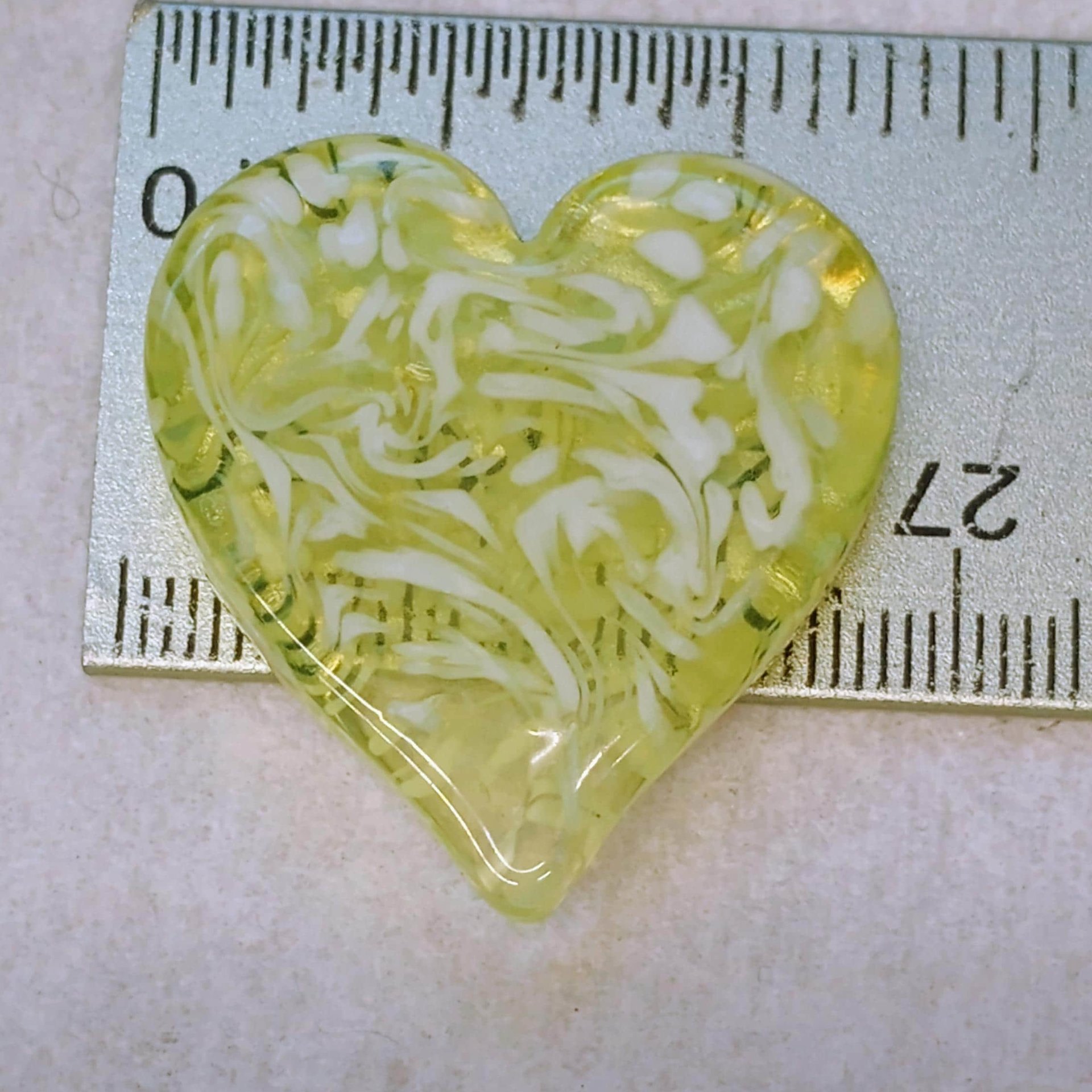 My Heart Glows! Uranium Large Heart 1.25" (30mm) vasoline glass with white victorian-lace swirls; wirewrapping, jewelry, pocket heart, gift,