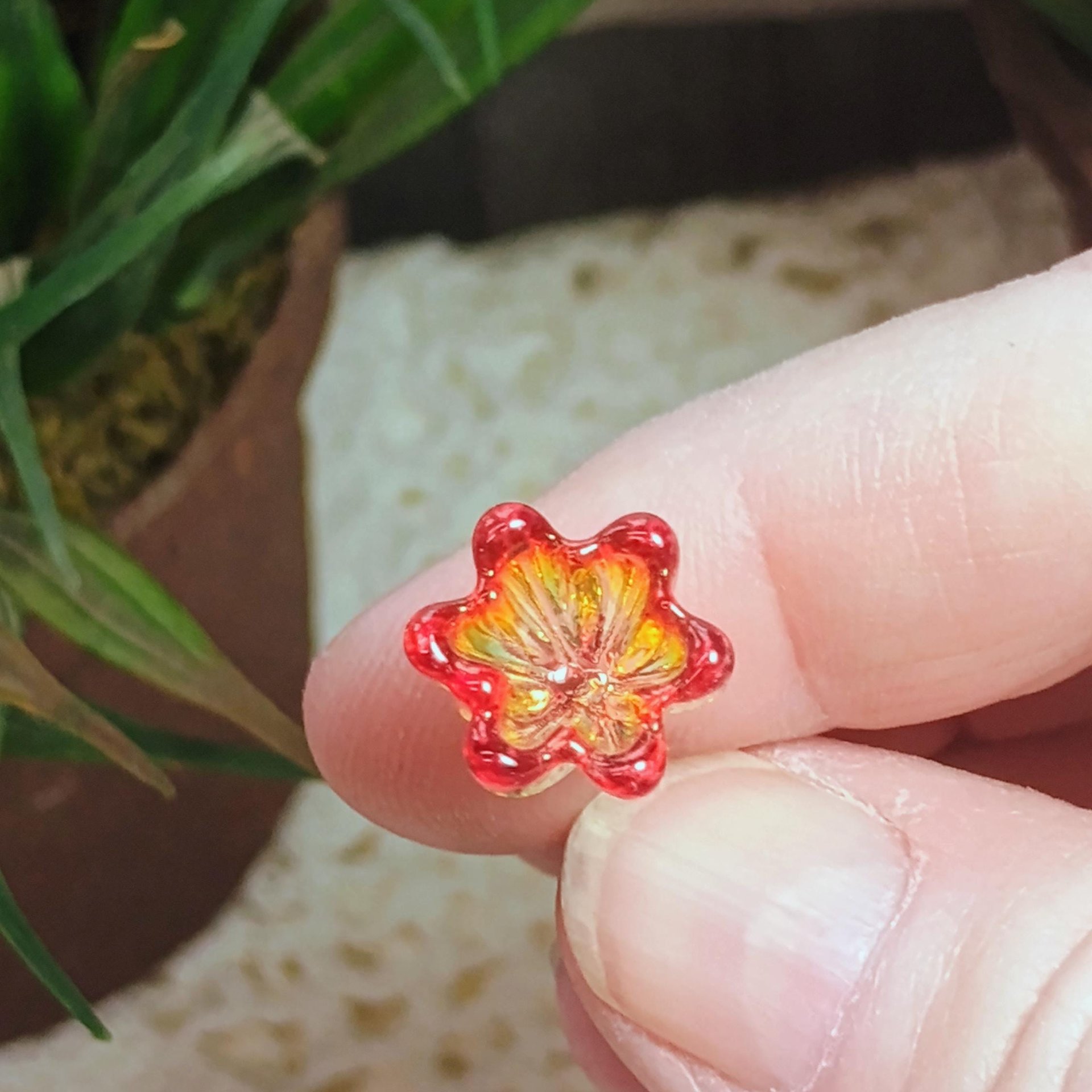 FIRE UV Reactive translucent ~glass flower miniature tiny small glass flowers on wire headpins; individually crafted lampwork; amber/red UV