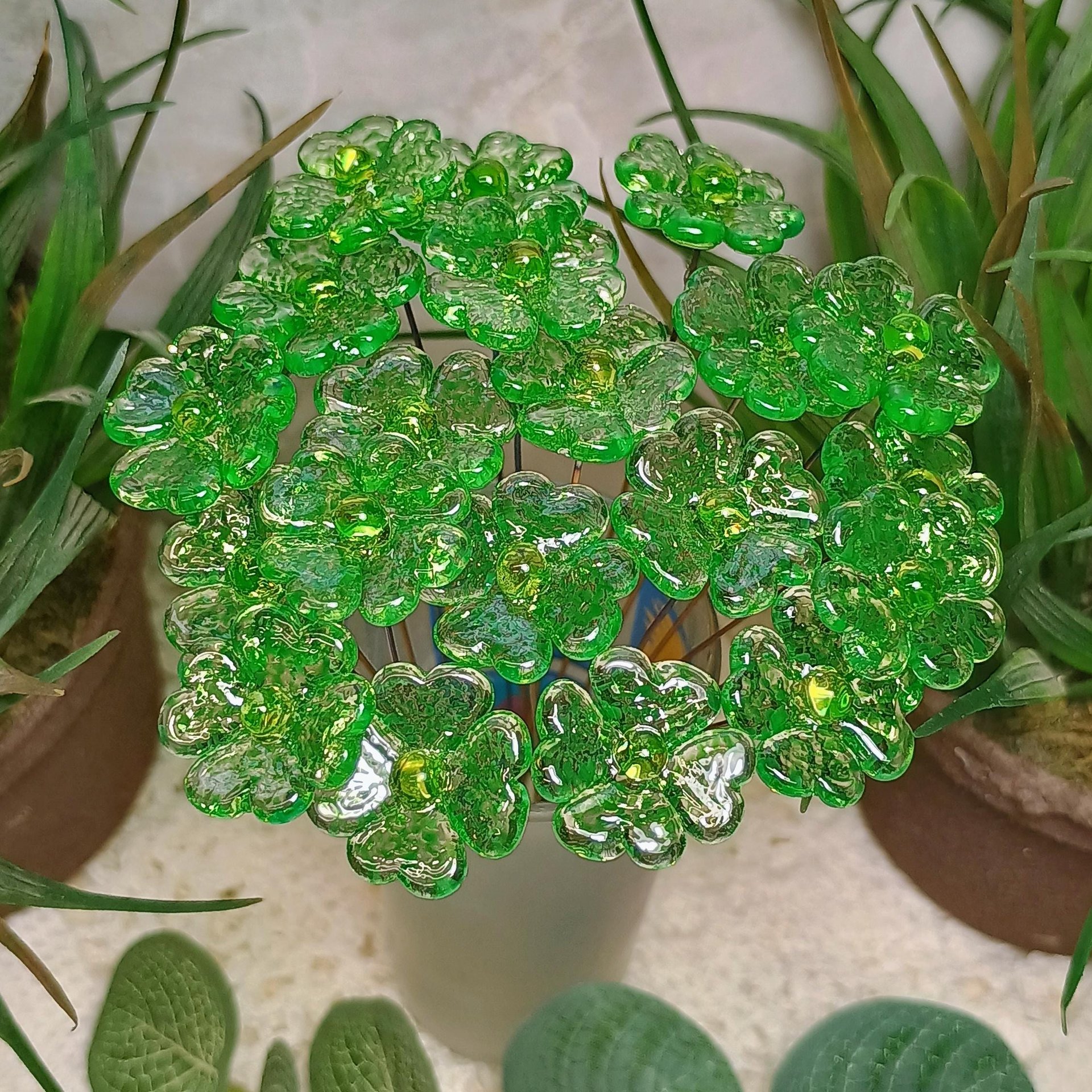Uranium Glass 4 leaf Clover Shamrock, Luck of the Irish, green sprinkle frit; lampwork plant pick on 5in wire. Bouquet, Irish gift, 395nm