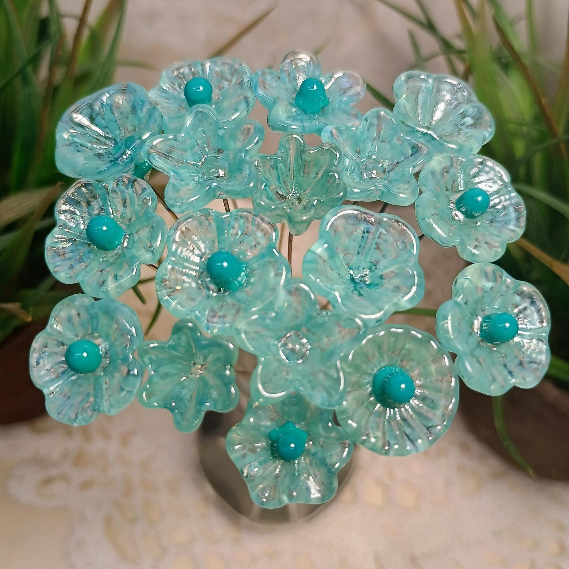 Seafoam miniature glass flower headpins, tiny small mini glass flowers on wire for jewelry, home decor, bouquet, weddings, cake decorating