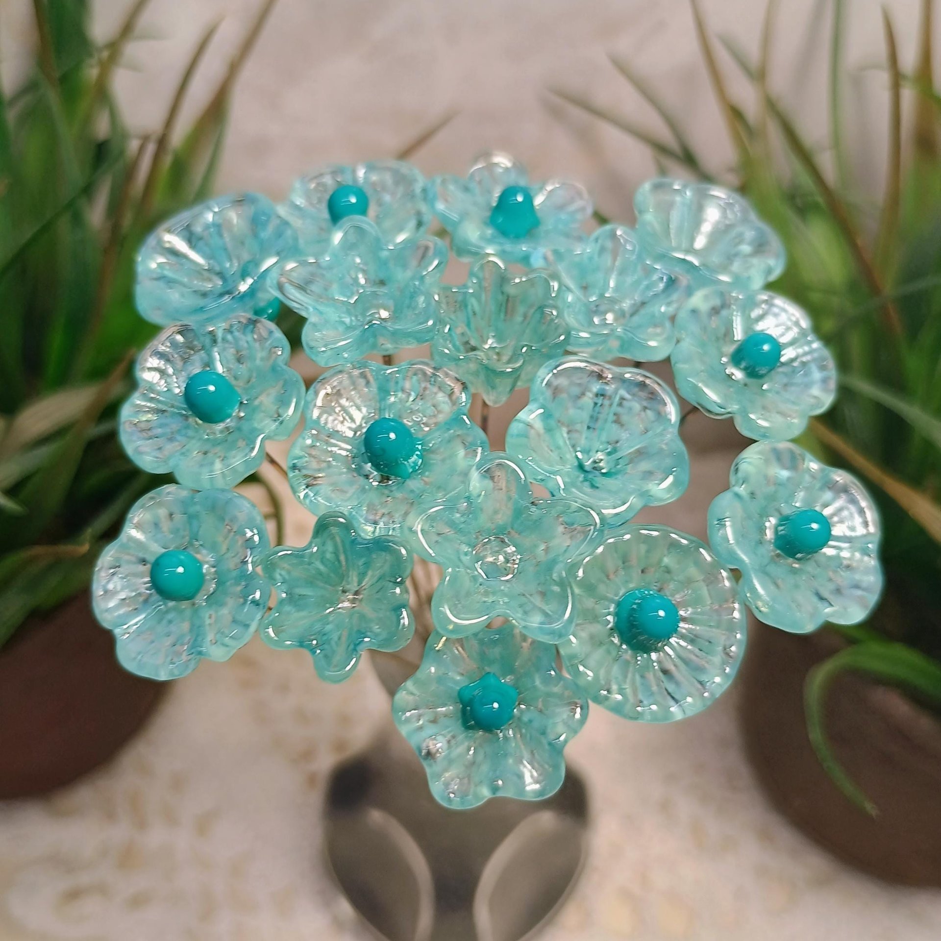 Seafoam miniature glass flower headpins, tiny small mini glass flowers on wire for jewelry, home decor, bouquet, weddings, cake decorating
