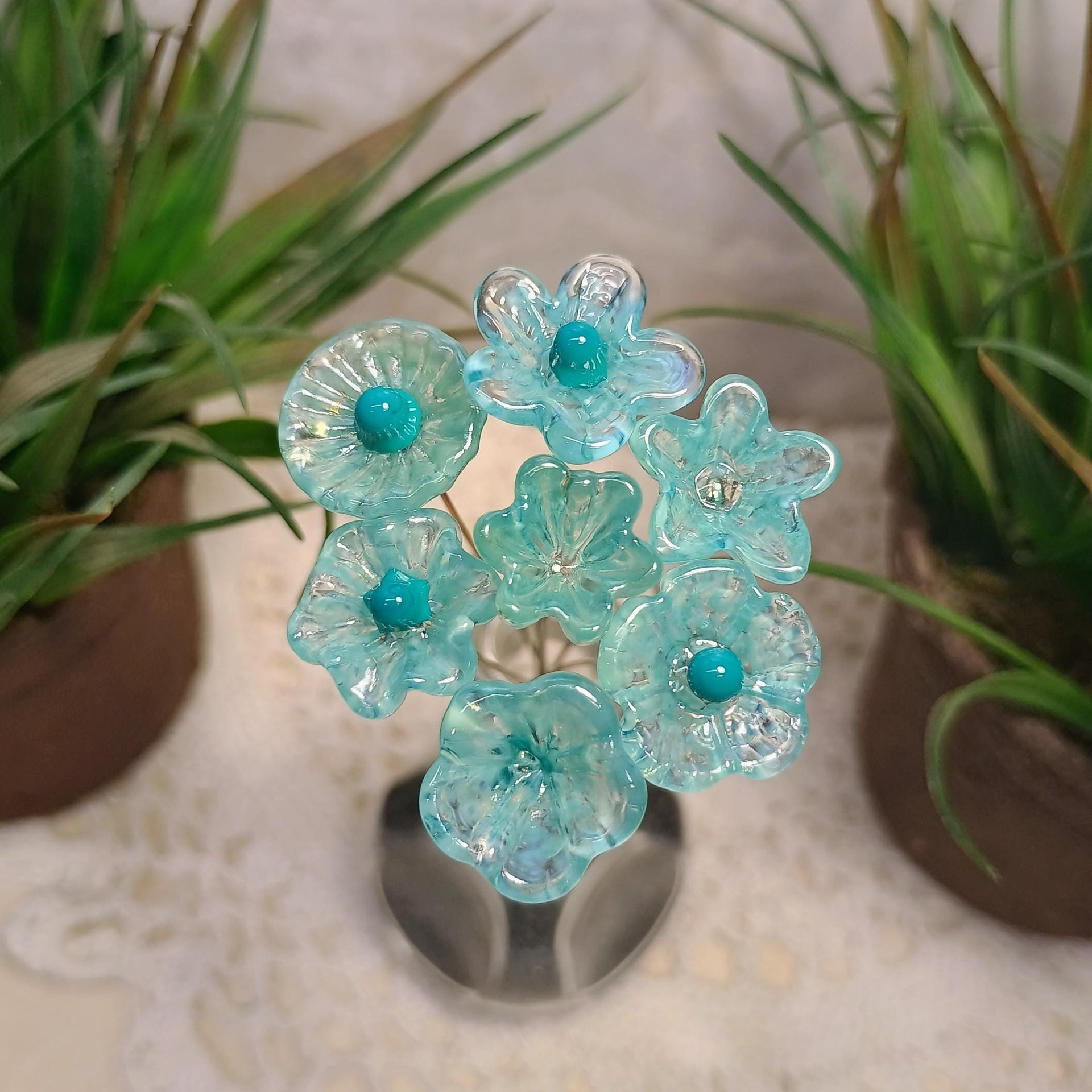 Seafoam miniature glass flower headpins, tiny small mini glass flowers on wire for jewelry, home decor, bouquet, weddings, cake decorating